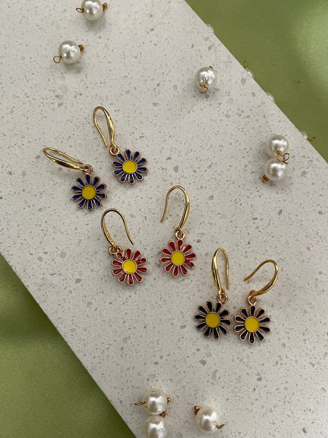 Mini Red Yellow Flower Dangler Earrings