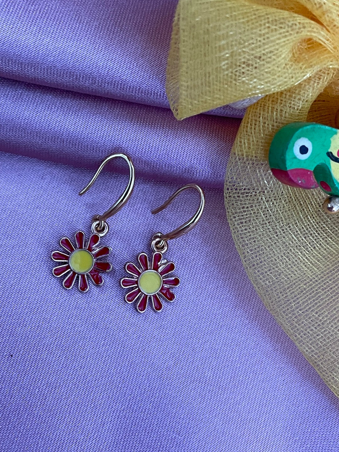 Mini Red Yellow Flower Dangler Earrings