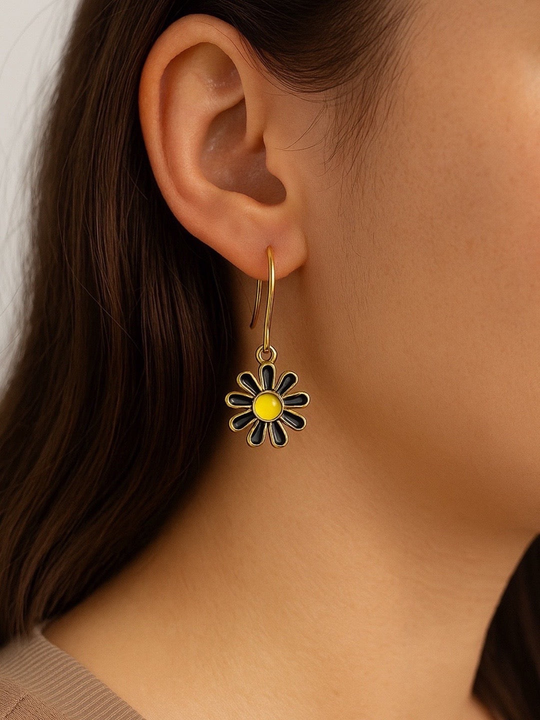 Mini Black Yellow Flower Dangler Earrings