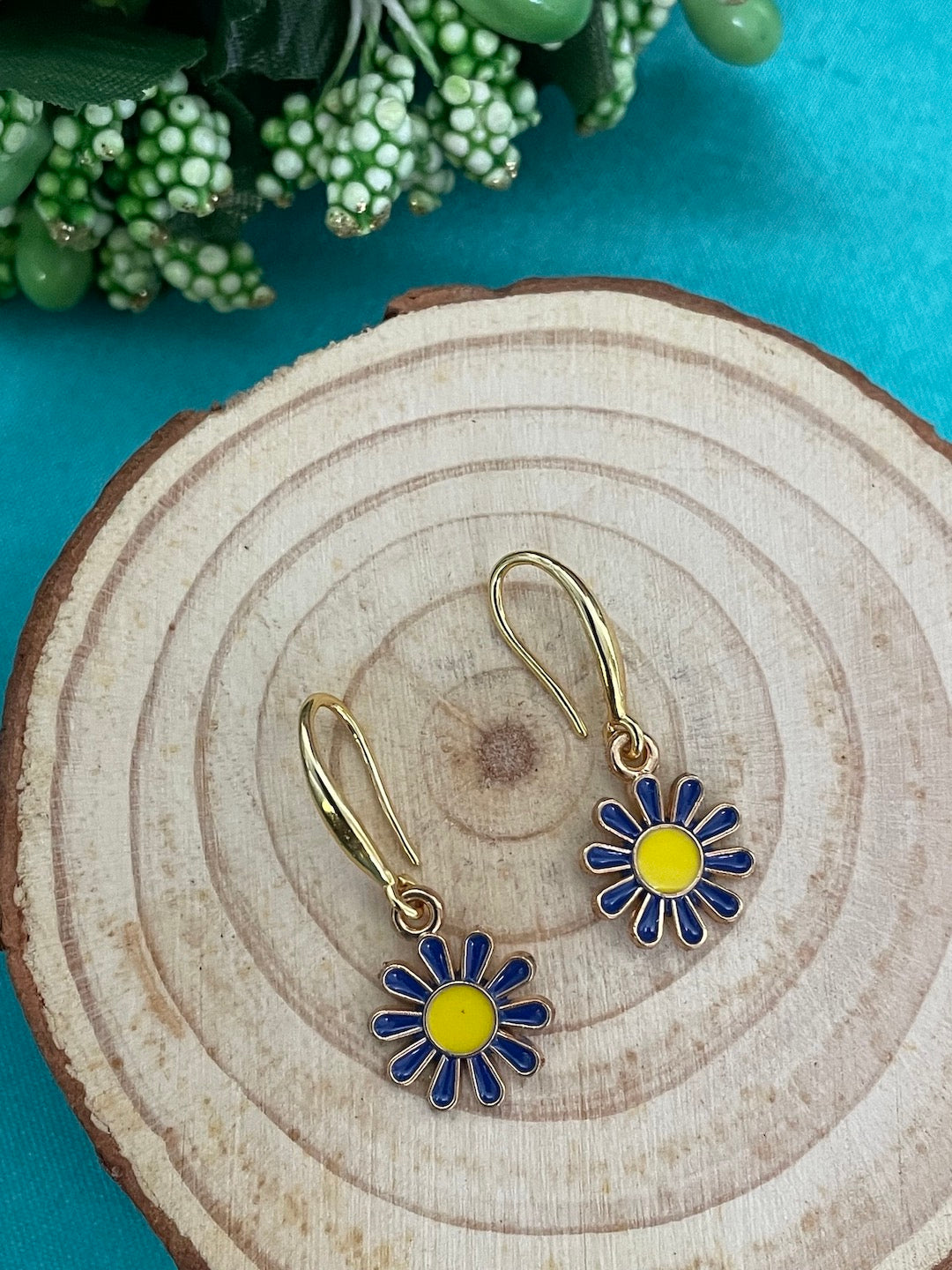Mini Blue Yellow Flower Dangler Earrings