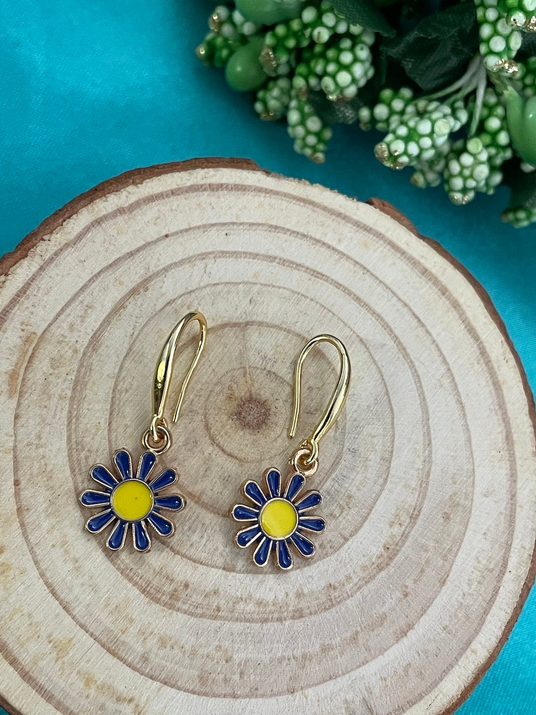 Mini Blue Yellow Flower Dangler Earrings