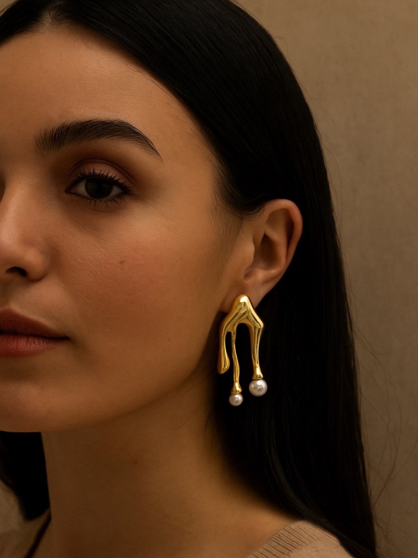 Gold Plated Melting Asymmetrical with Pearl Design Western Earrings