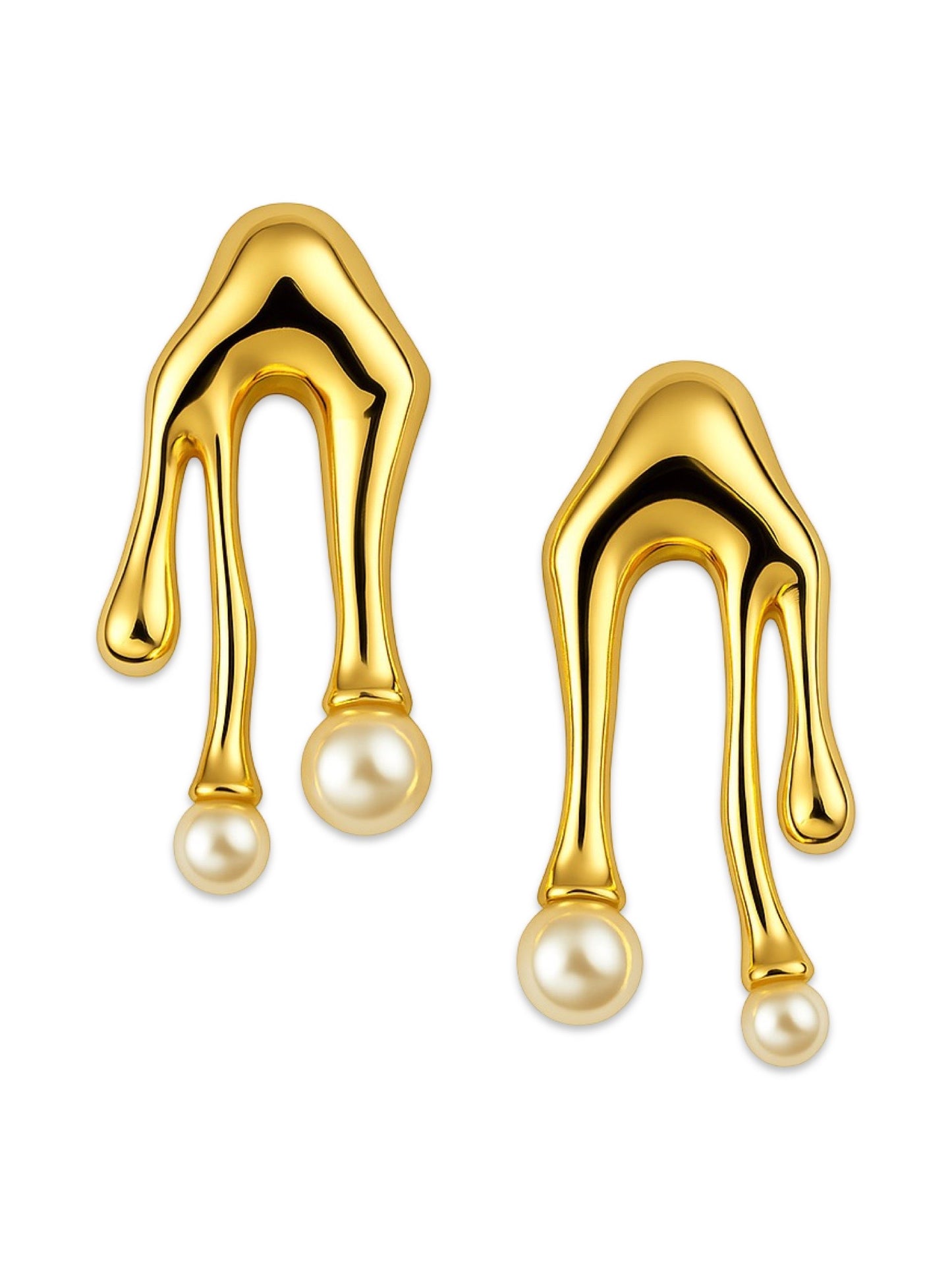 Gold Plated Melting Asymmetrical with Pearl Design Western Earrings
