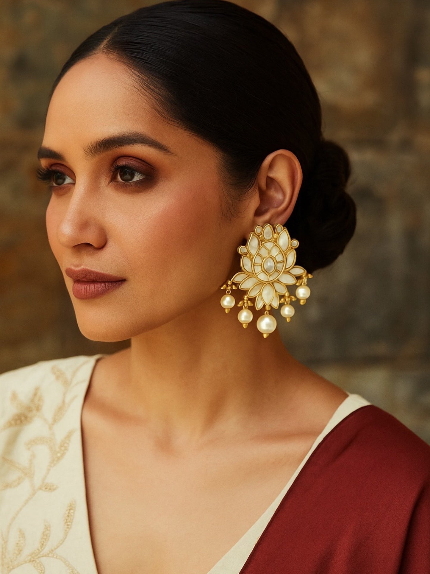 Fresh Water Pearl Lotus Flower AD Earrings