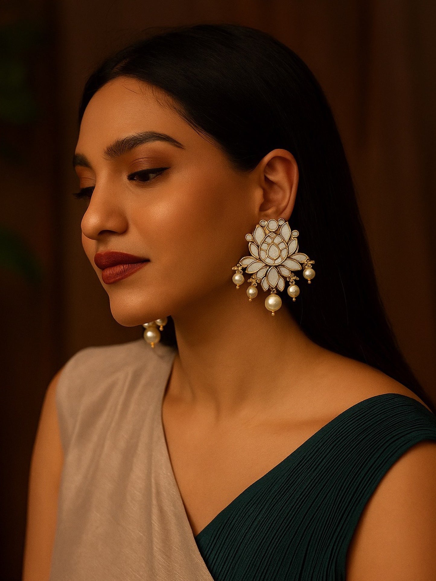 Fresh Water Pearl Lotus Flower AD Earrings