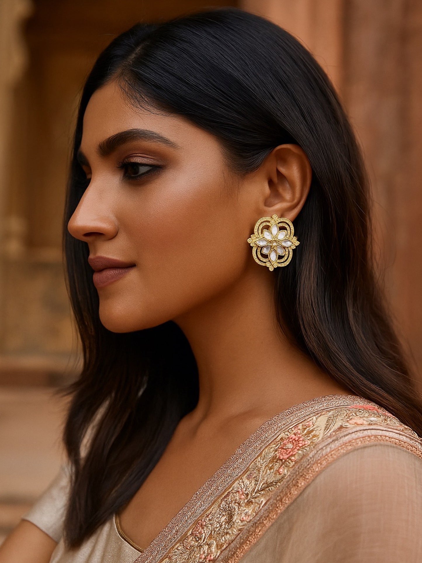 Fresh Water Pearl Flower Design AD Earrings