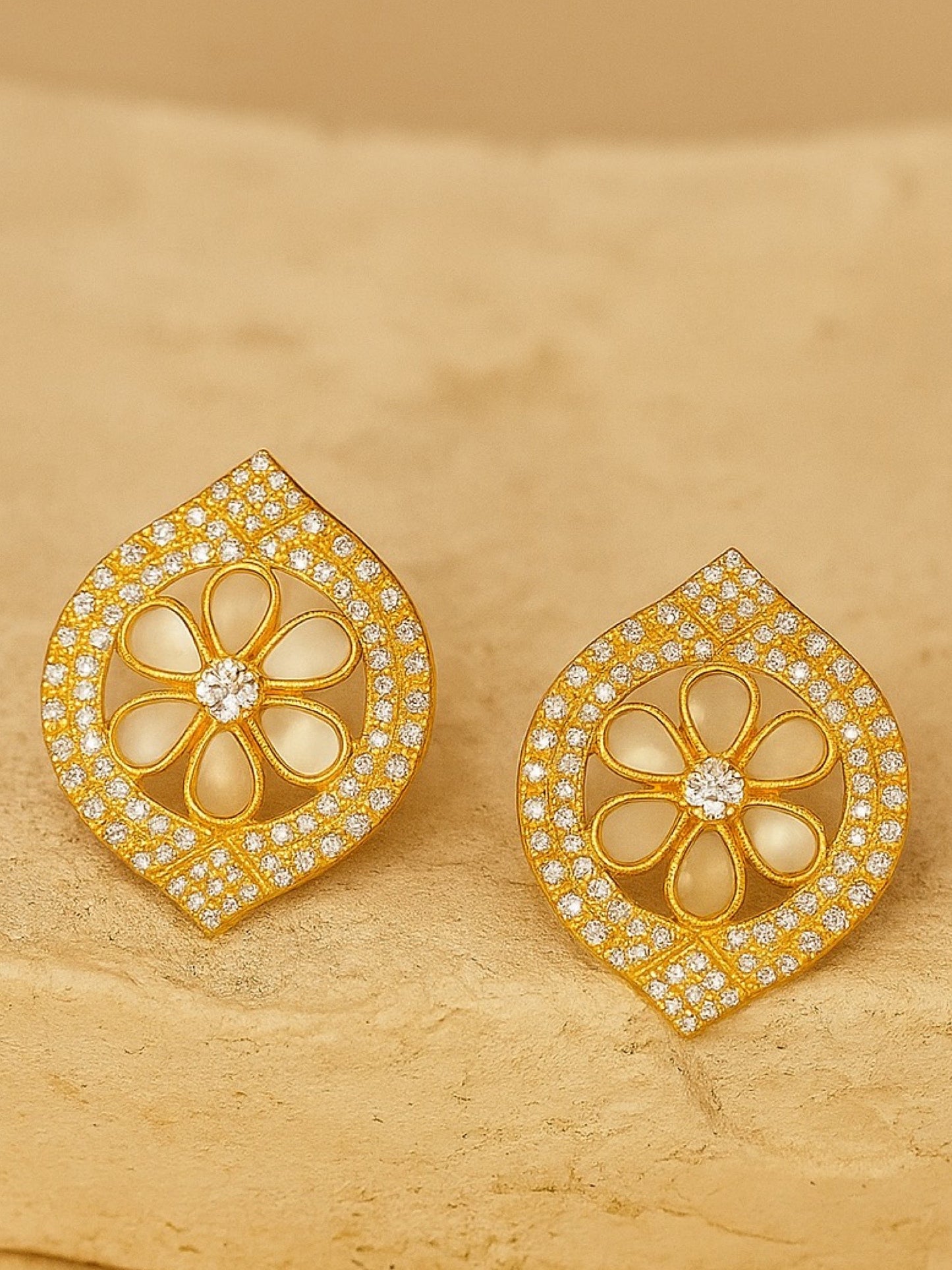 Fresh Water Pearl Flower Oval Shape Design AD Earrings