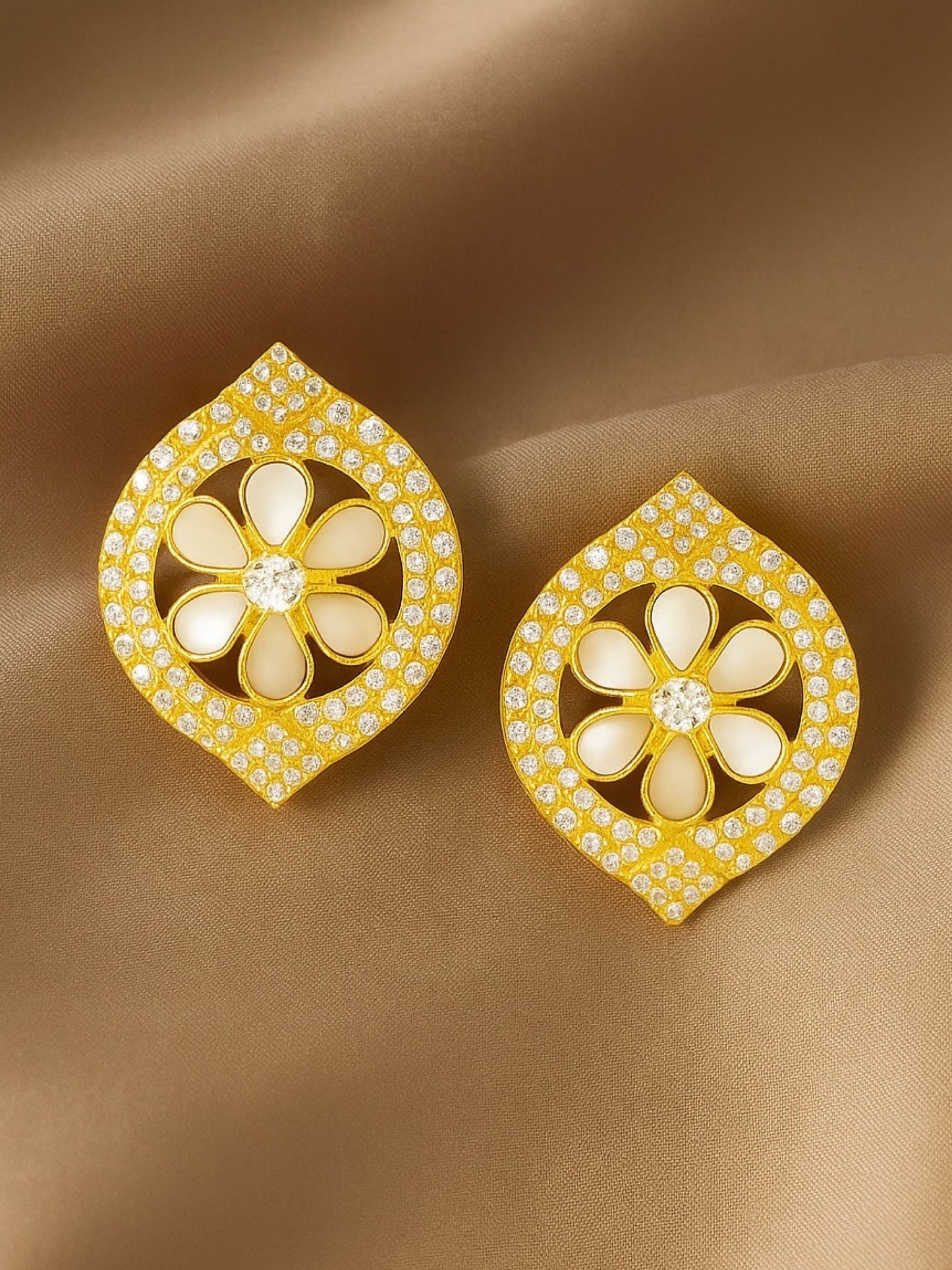 Fresh Water Pearl Flower Oval Shape Design AD Earrings