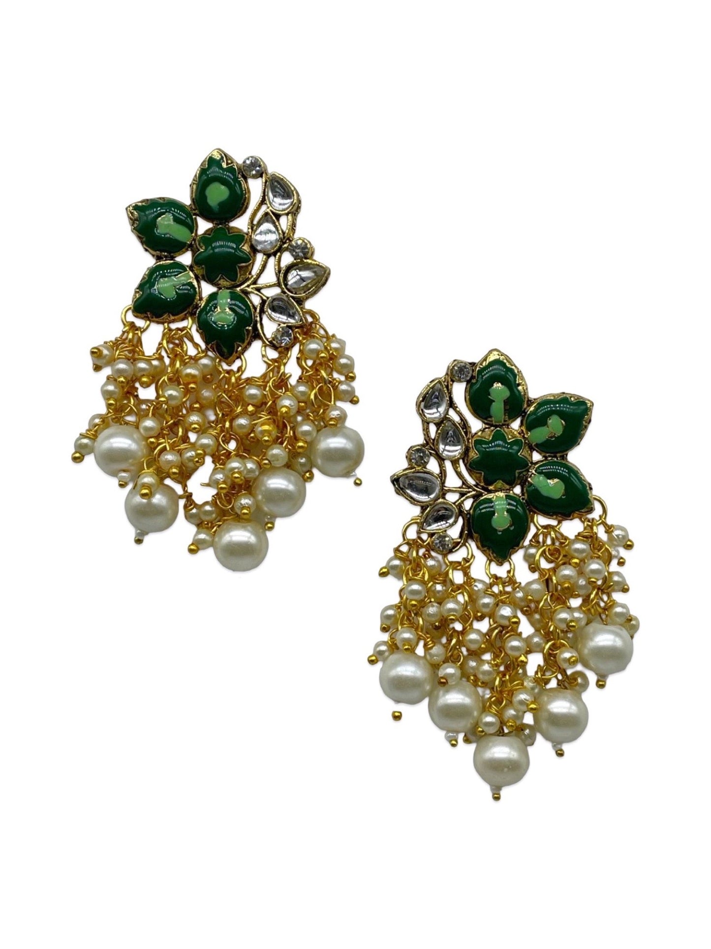 Stud Earrings Green Flower With Pearl Design