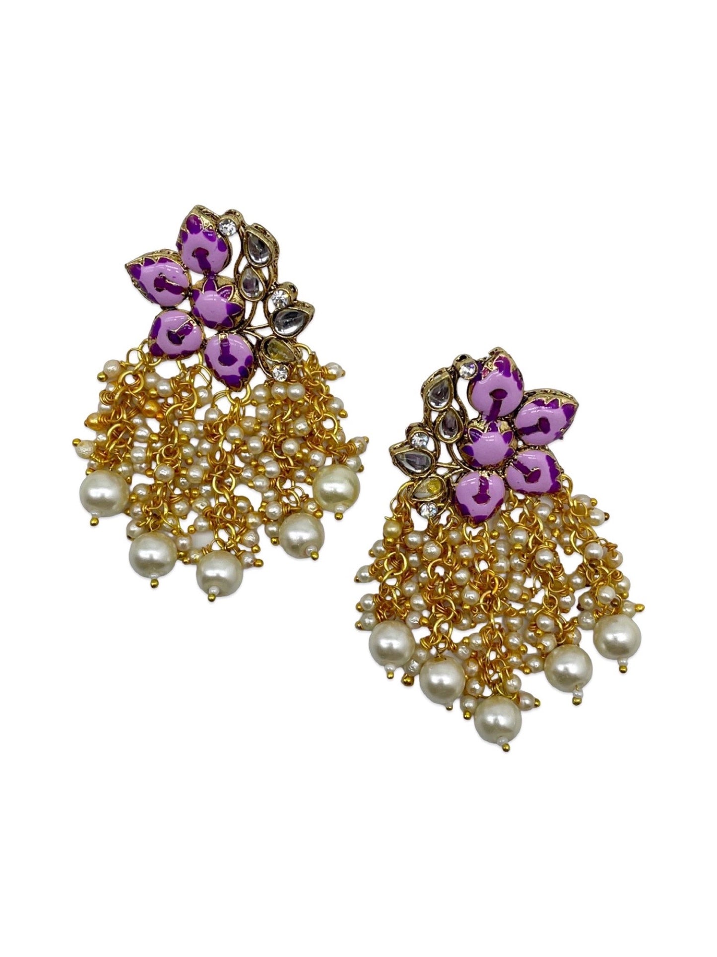Stud Earrings Purple Flower With Pearl Design