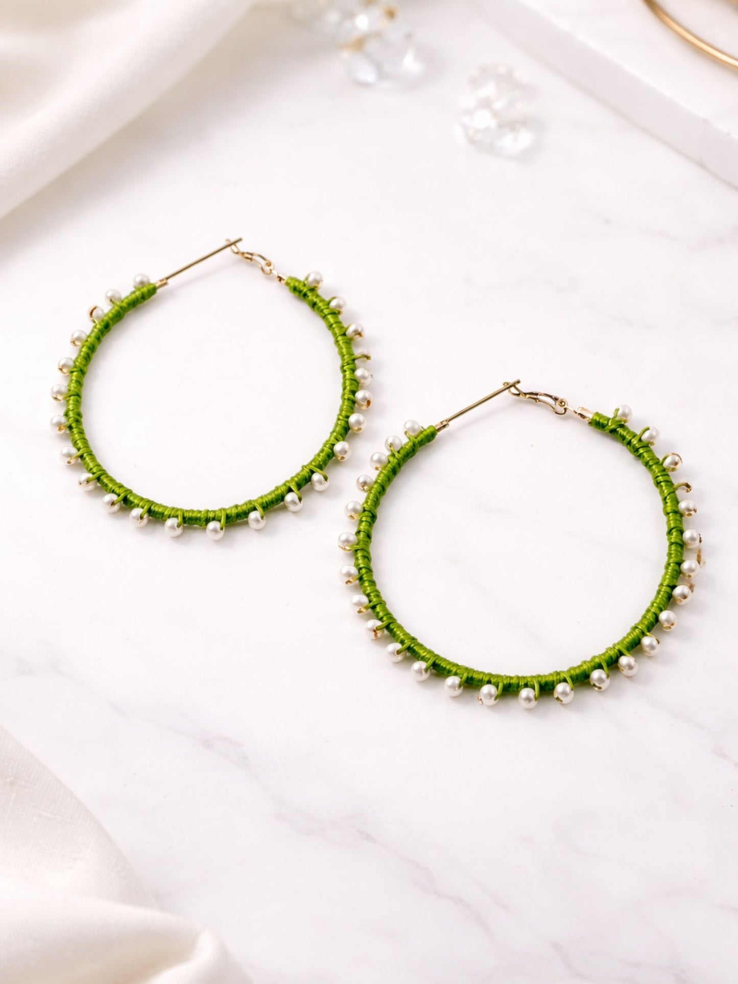 Green Thread Pearl Hoop Earrings for Women