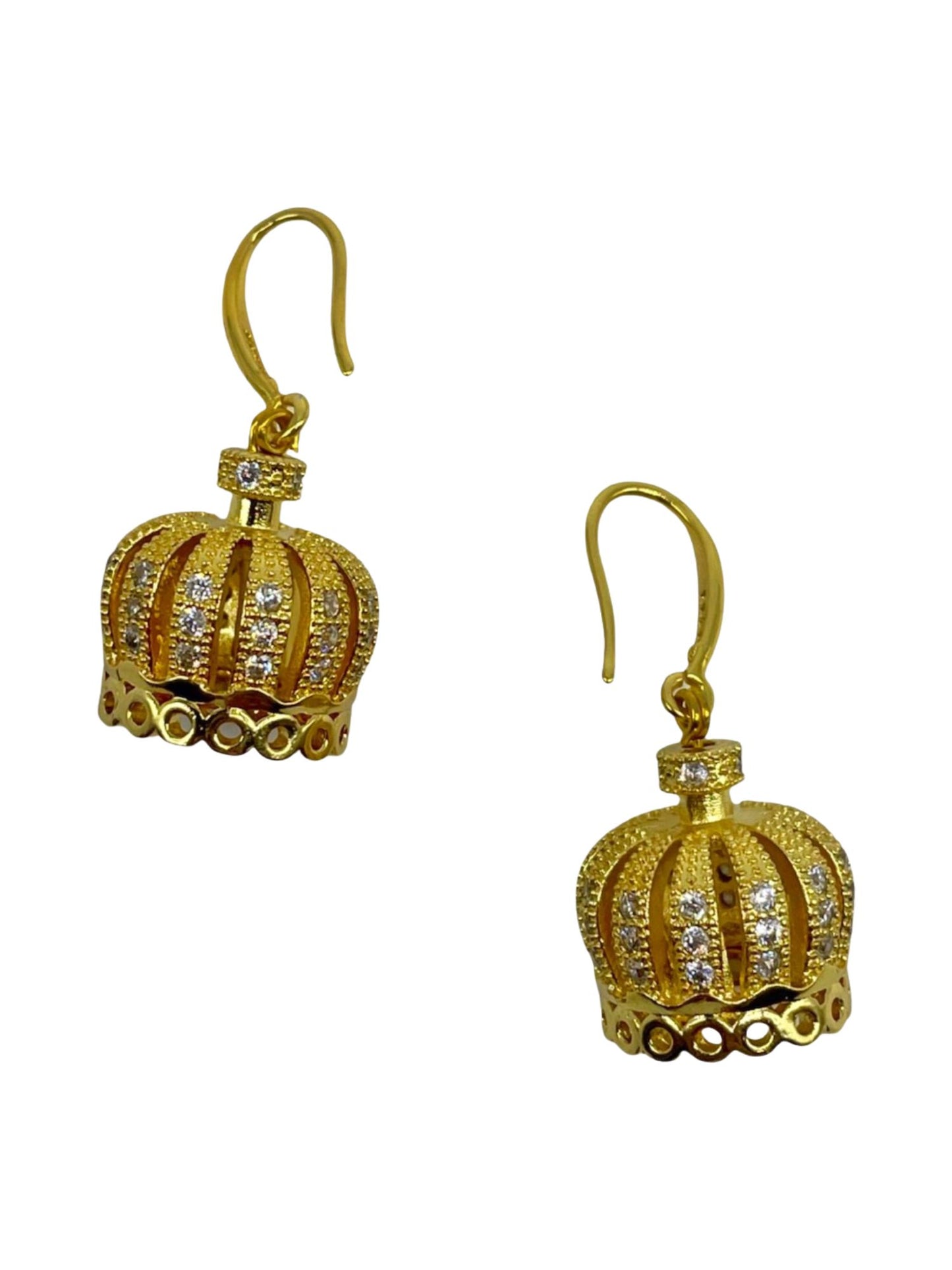 Gold Plated Crown Drop Earrings with Crystal Stone