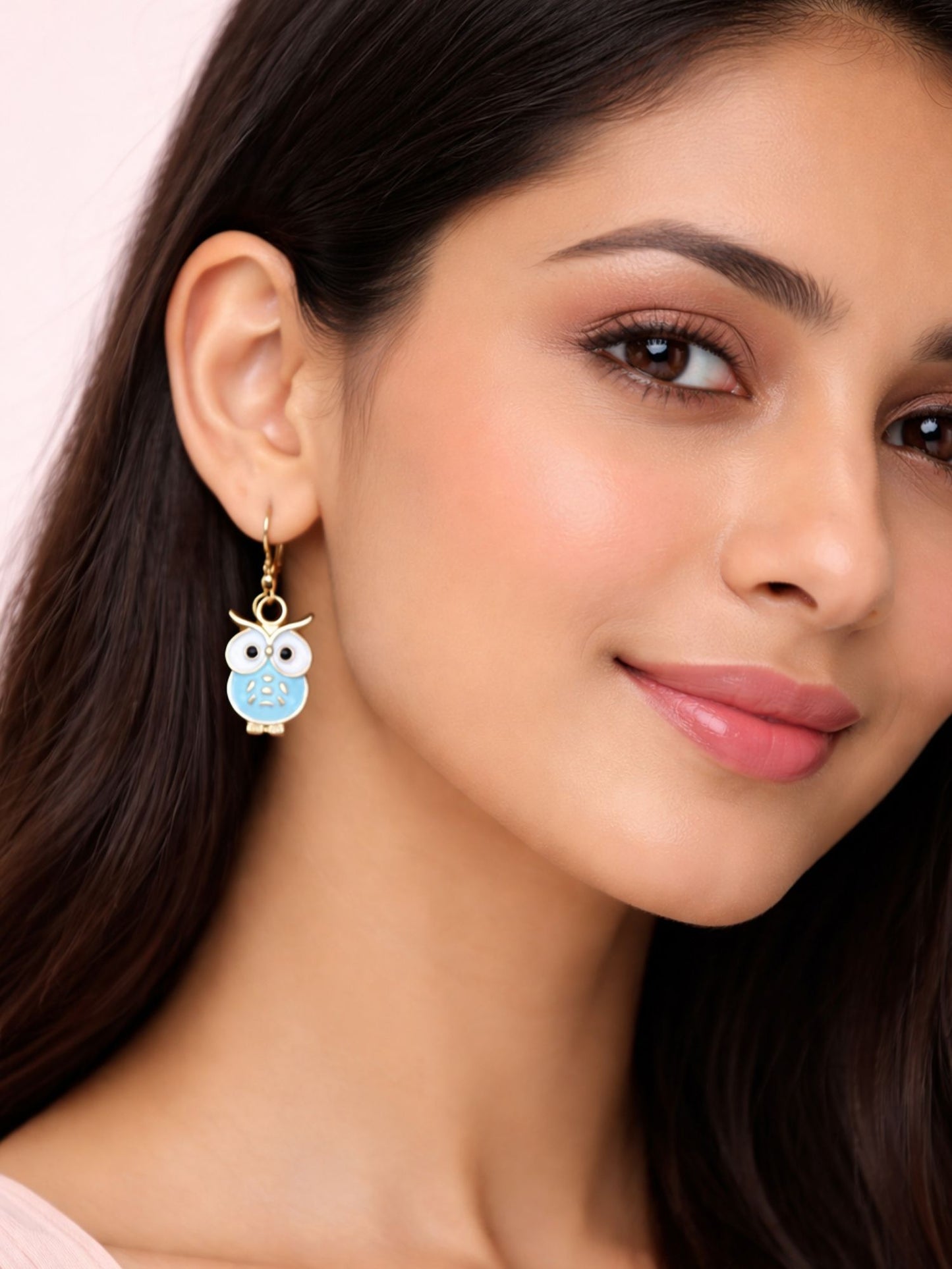 Gold Plated Owl Mini Earrings Cute Blue Drop Pair