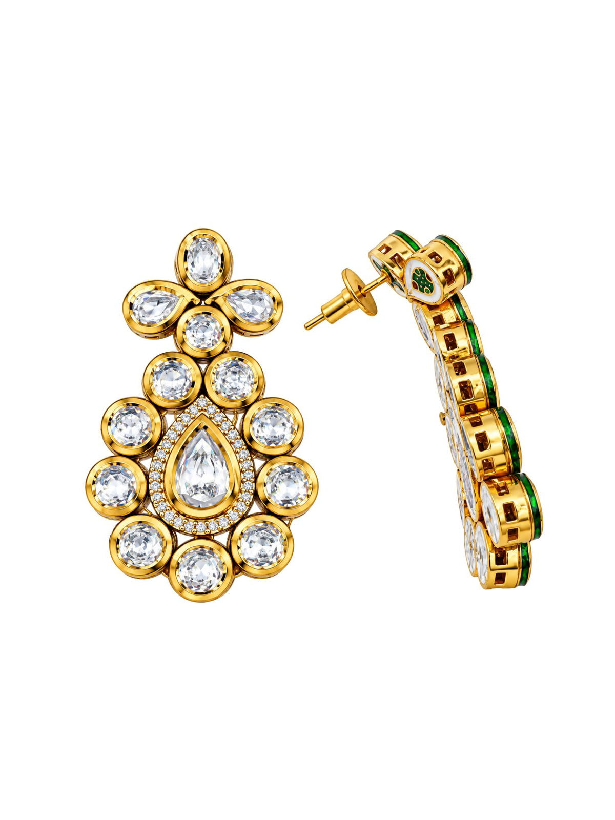 Golden Kundan Style White Stones Teardrop Earrings