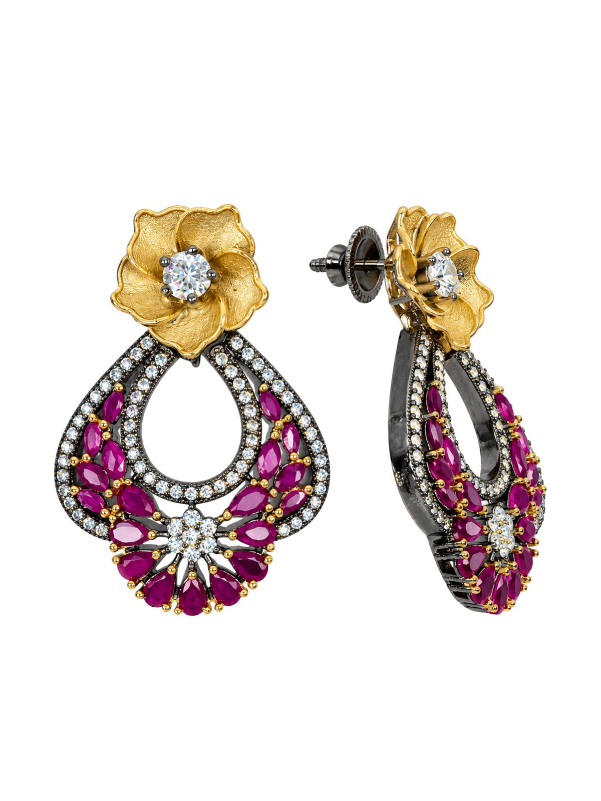 Gold Plated Purple Stone Diamond Teardrop Dangler Earrings