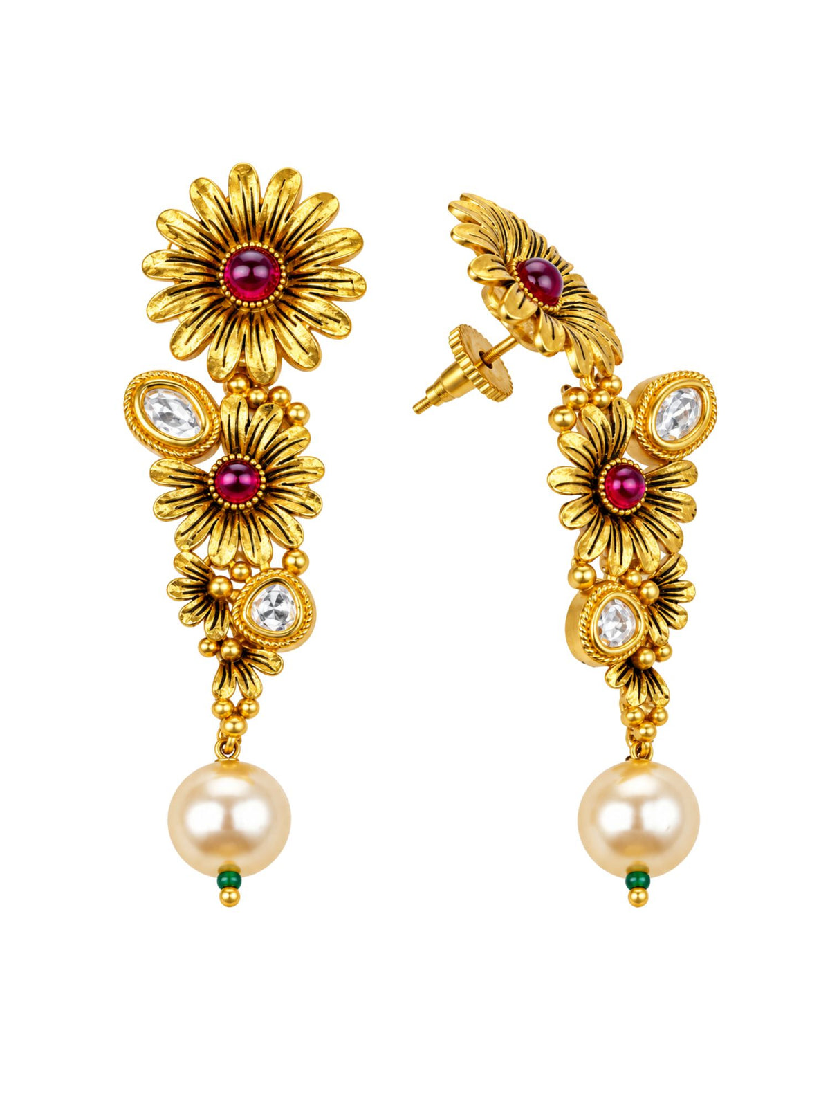 Gold Tone Floral Pink Stones & Pearl Drop Earrings