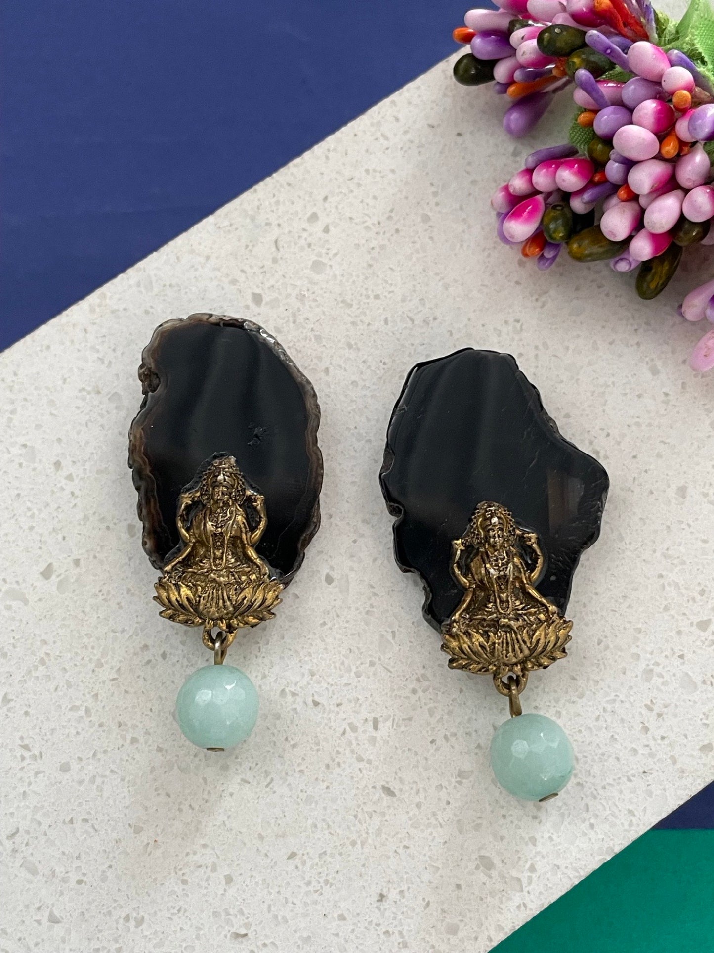 Stud Earrings Laxmi & Black Onyx Stone Design