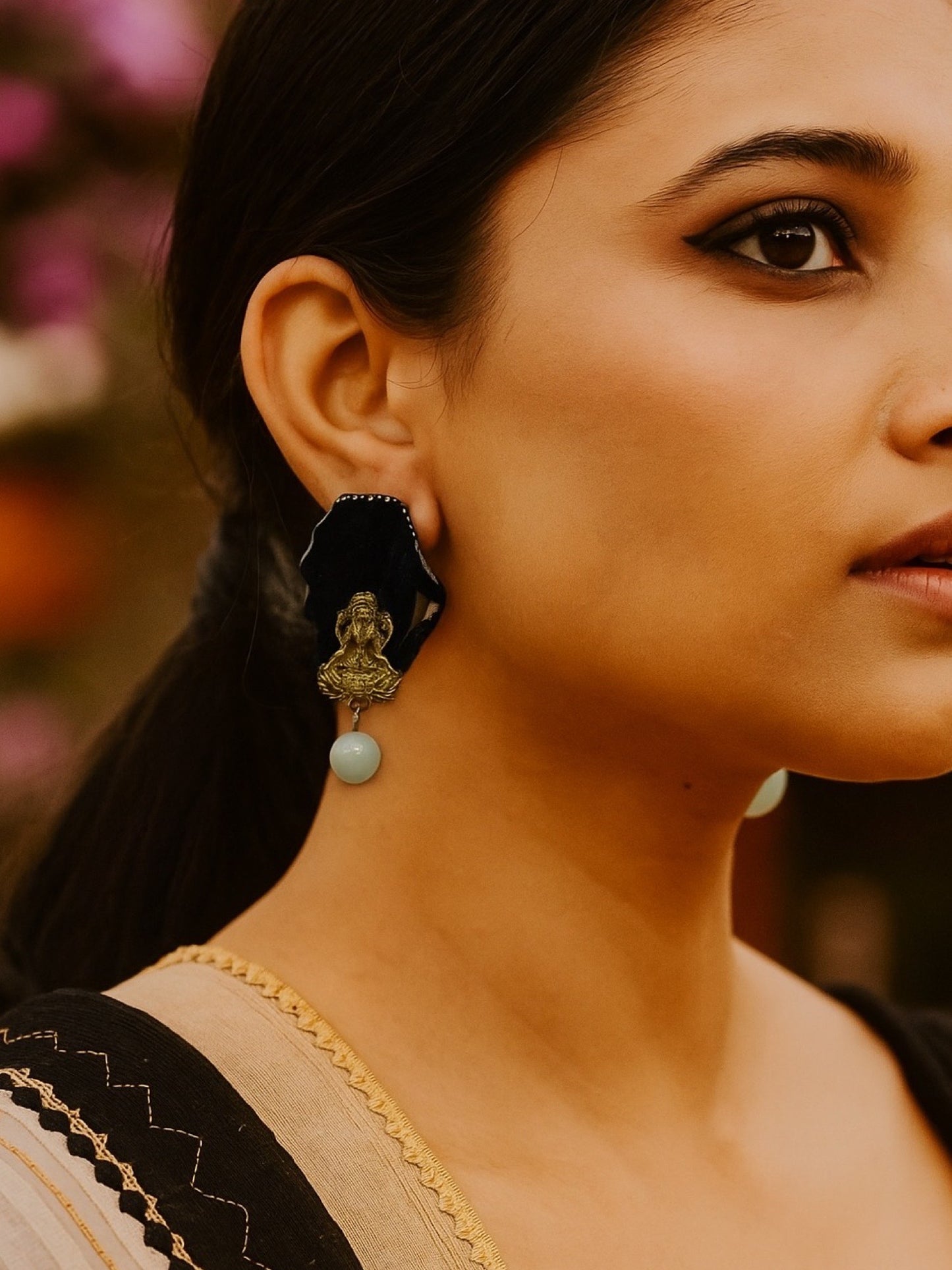 Stud Earrings Laxmi & Black Onyx Stone Design