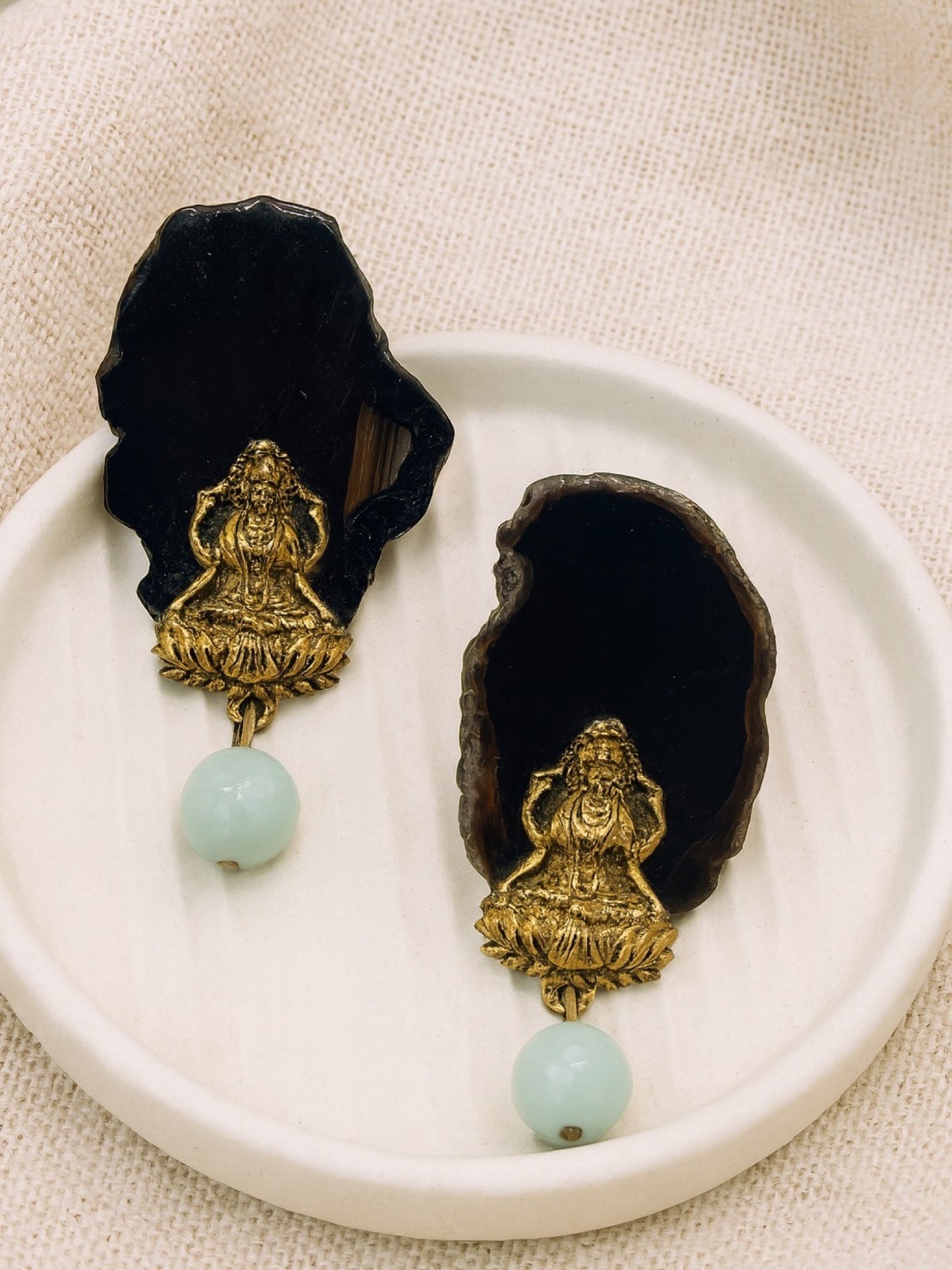 Stud Earrings Laxmi & Black Onyx Stone Design