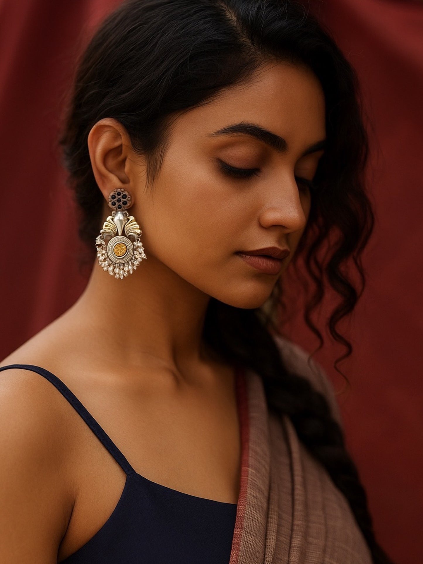 Chandelier Earrings Peacock Design Black Enamel With Pearl