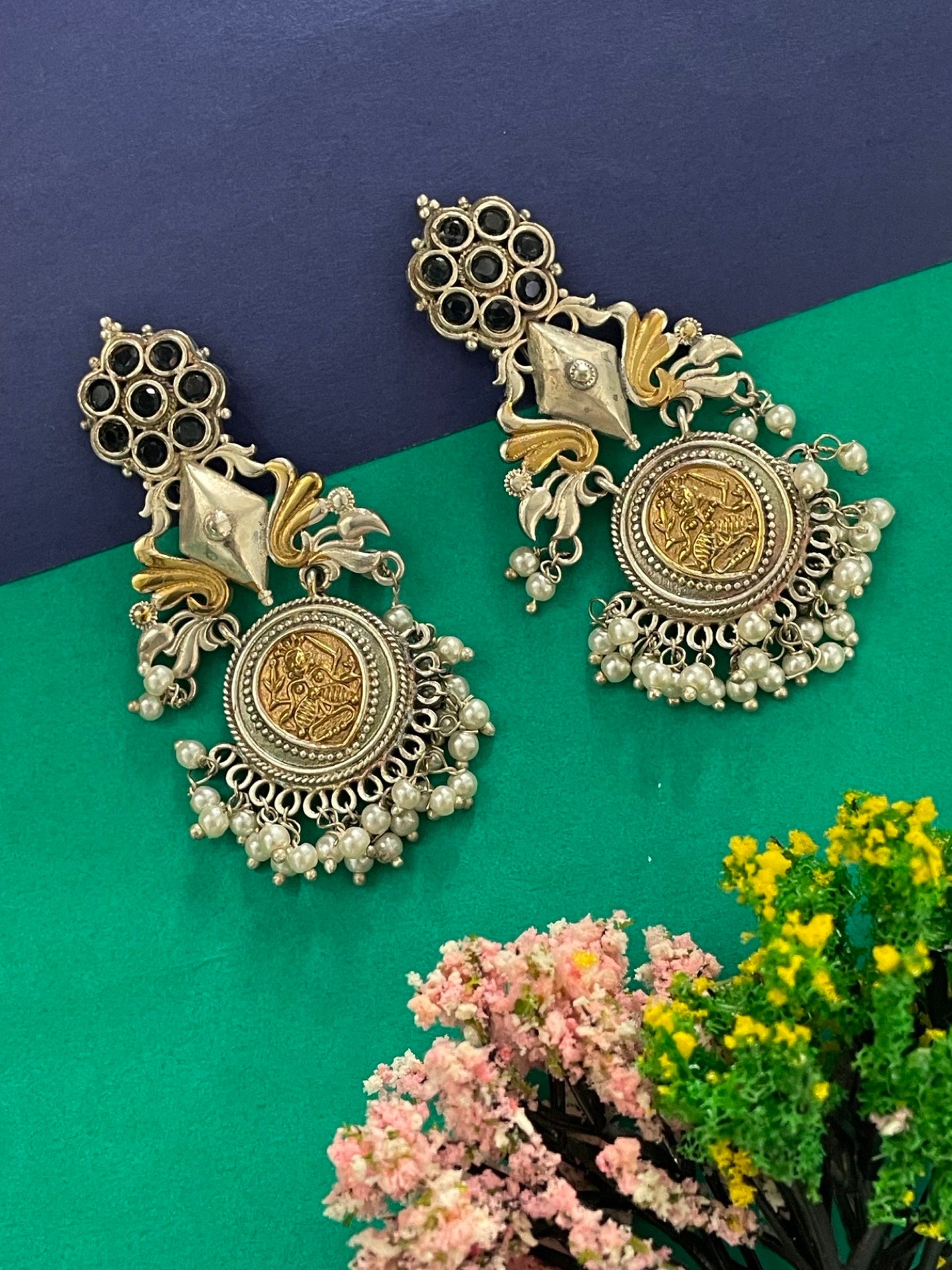 Chandelier Earrings Peacock Design Black Enamel With Pearl