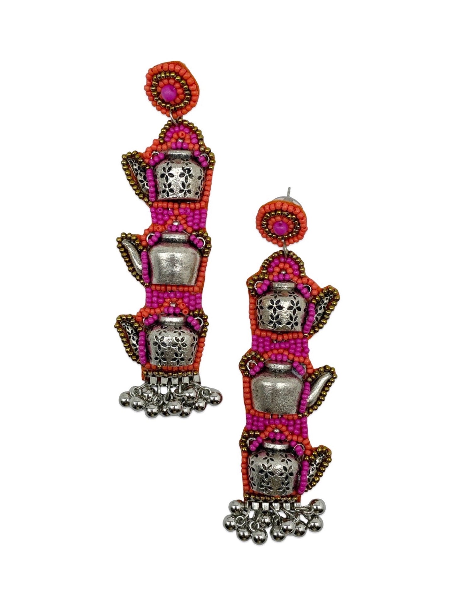 Pink Beaded Earrings Tea Kettle Design With Ghungroo