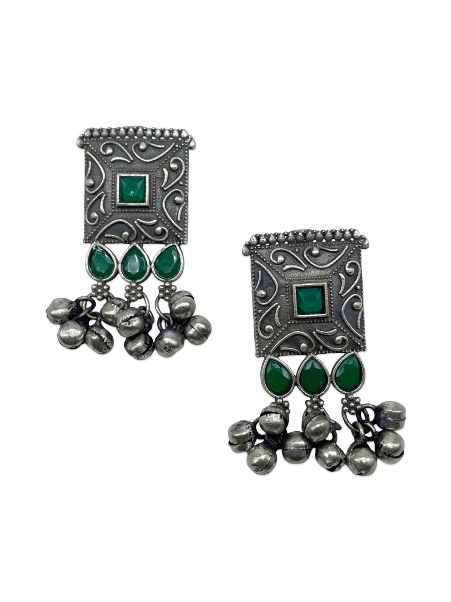 Stud Earrings Green Enamel Design With Ghungroo