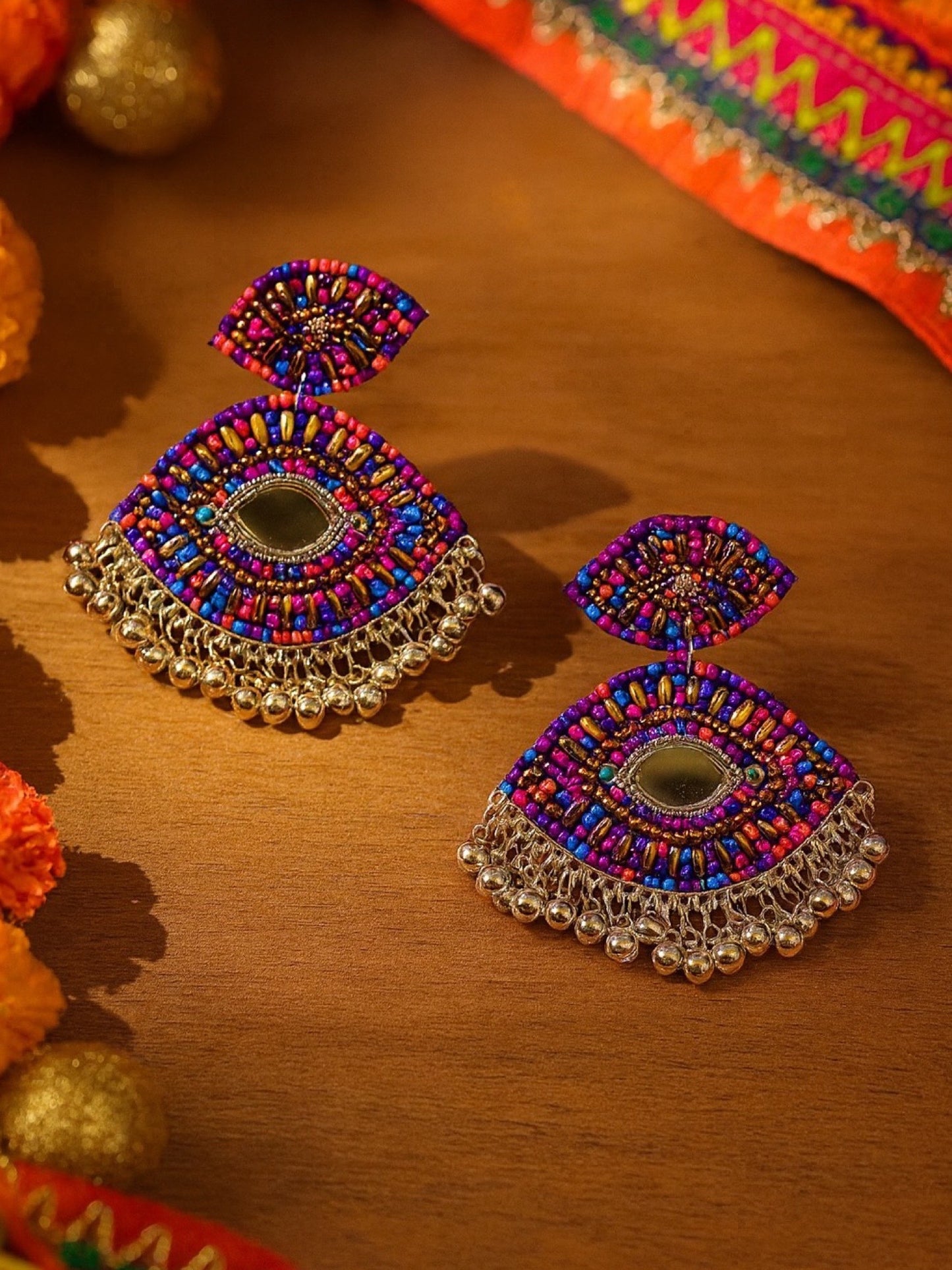 Beaded Earrings Evil Eye Design With Ghungroo
