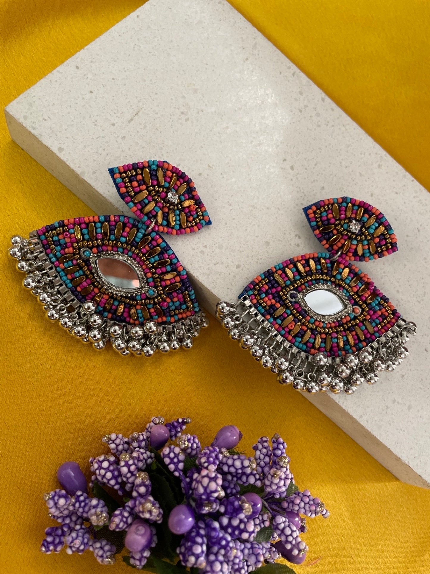 Beaded Earrings Evil Eye Design With Ghungroo
