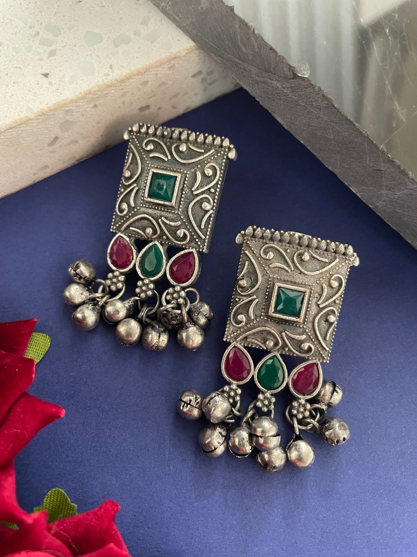 Stud Earrings Flower Red/Green Enamel Design With Ghungroo