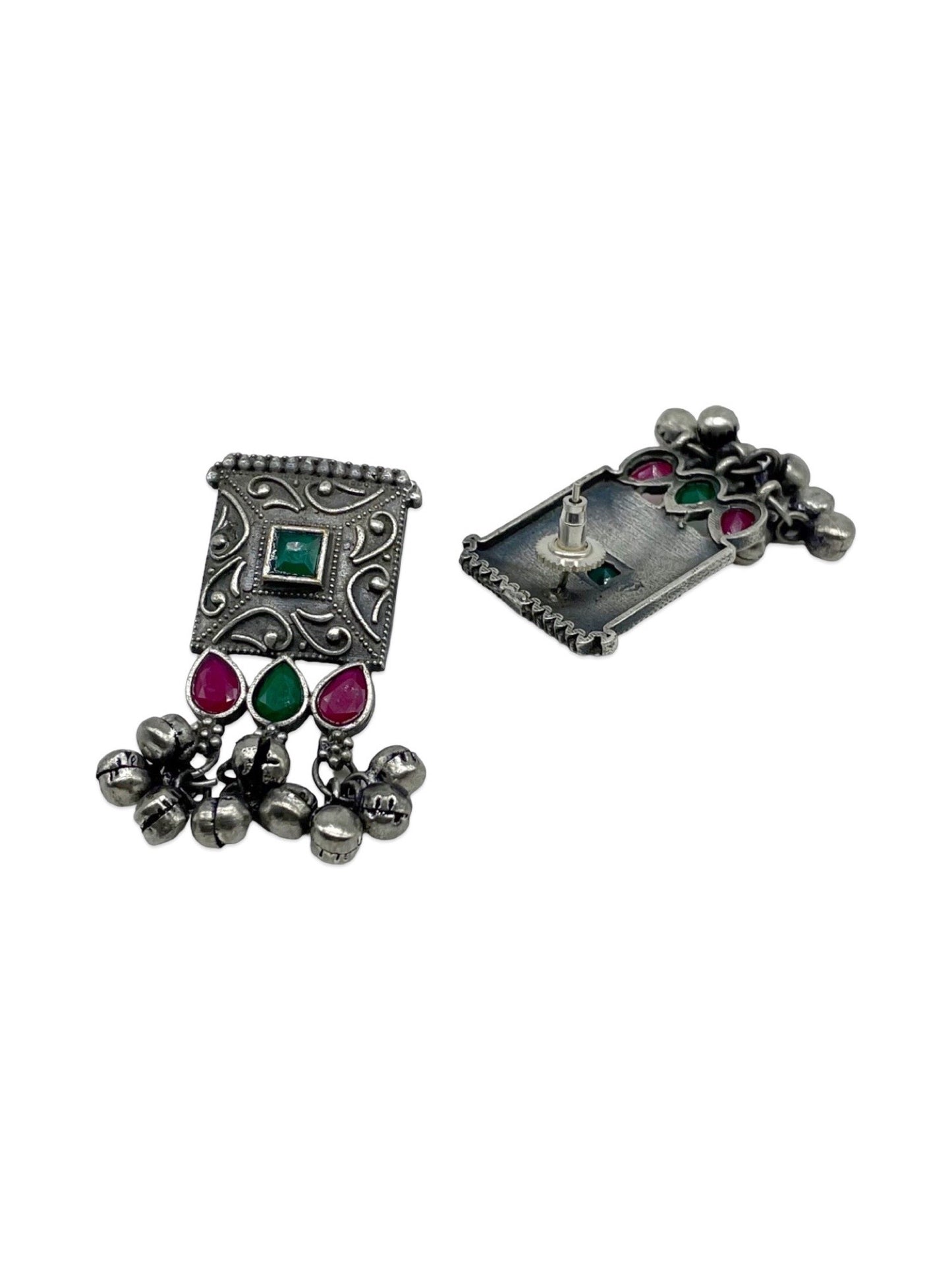 Stud Earrings Flower Red/Green Enamel Design With Ghungroo