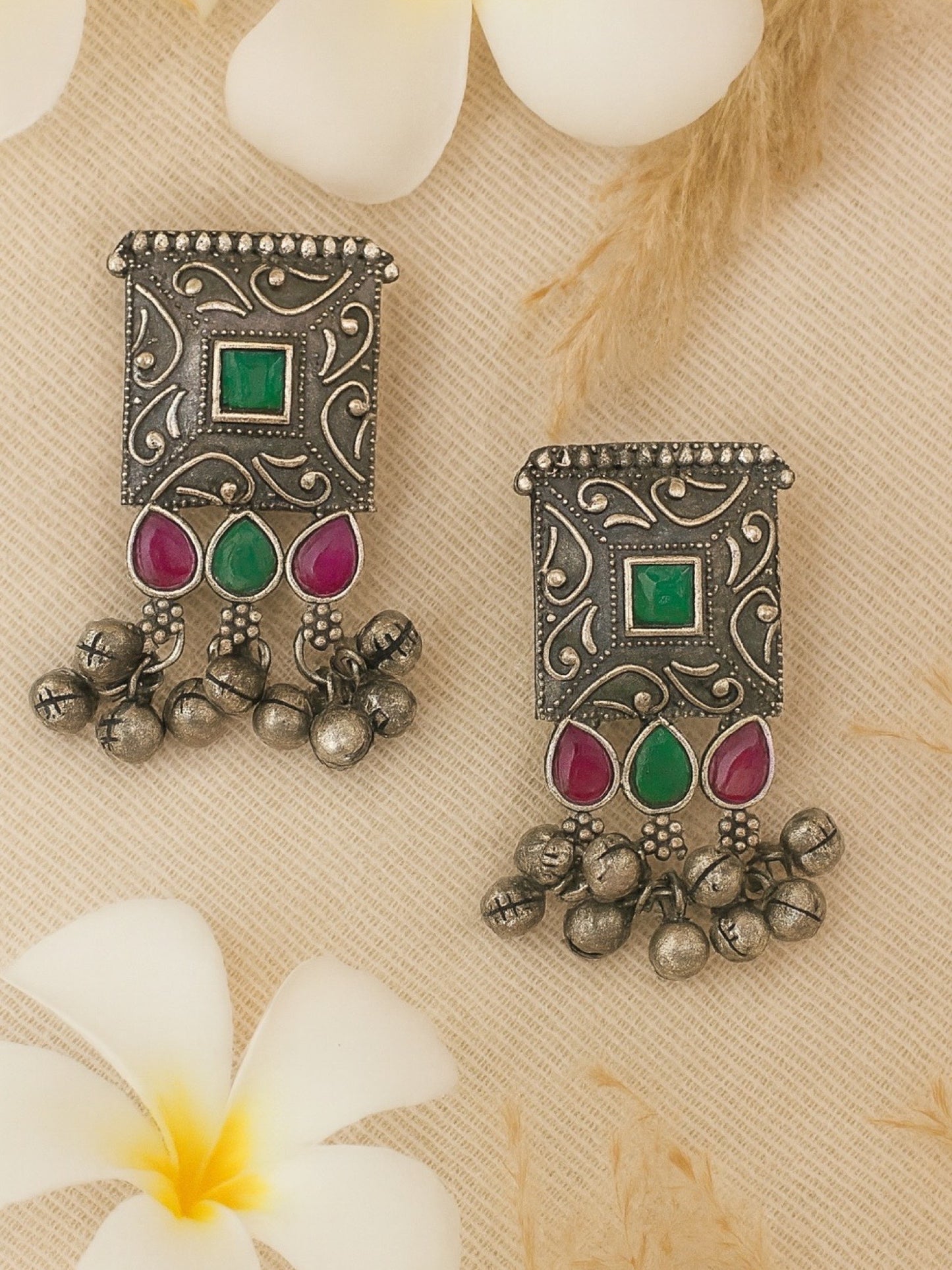 Stud Earrings Flower Red/Green Enamel Design With Ghungroo