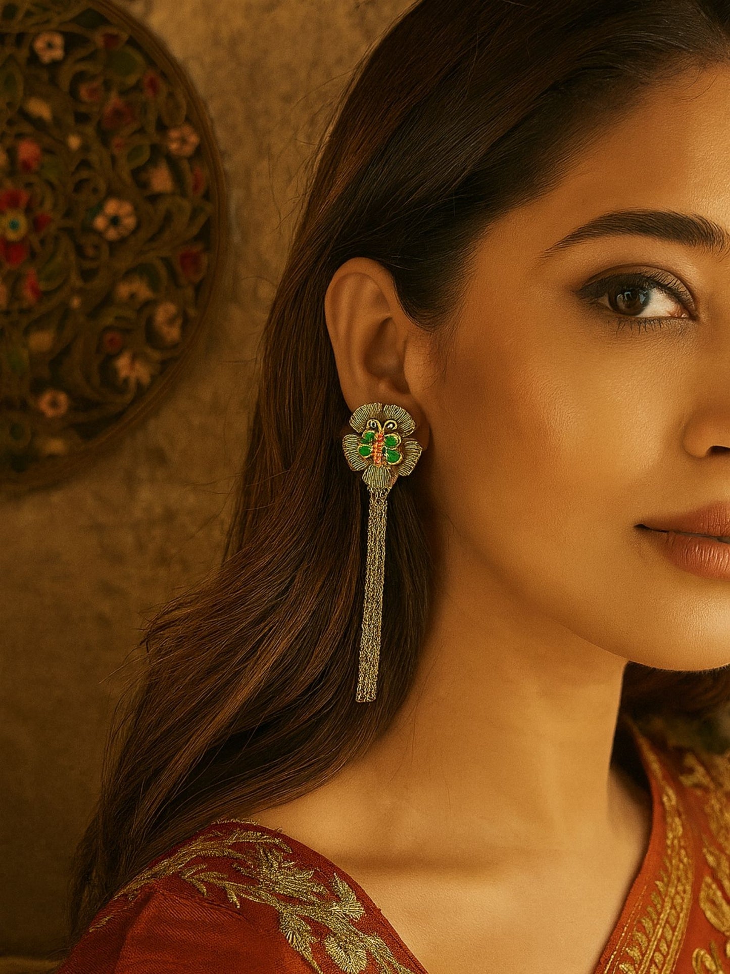 Long Afghani Earrings Flower With Butterfly Designs