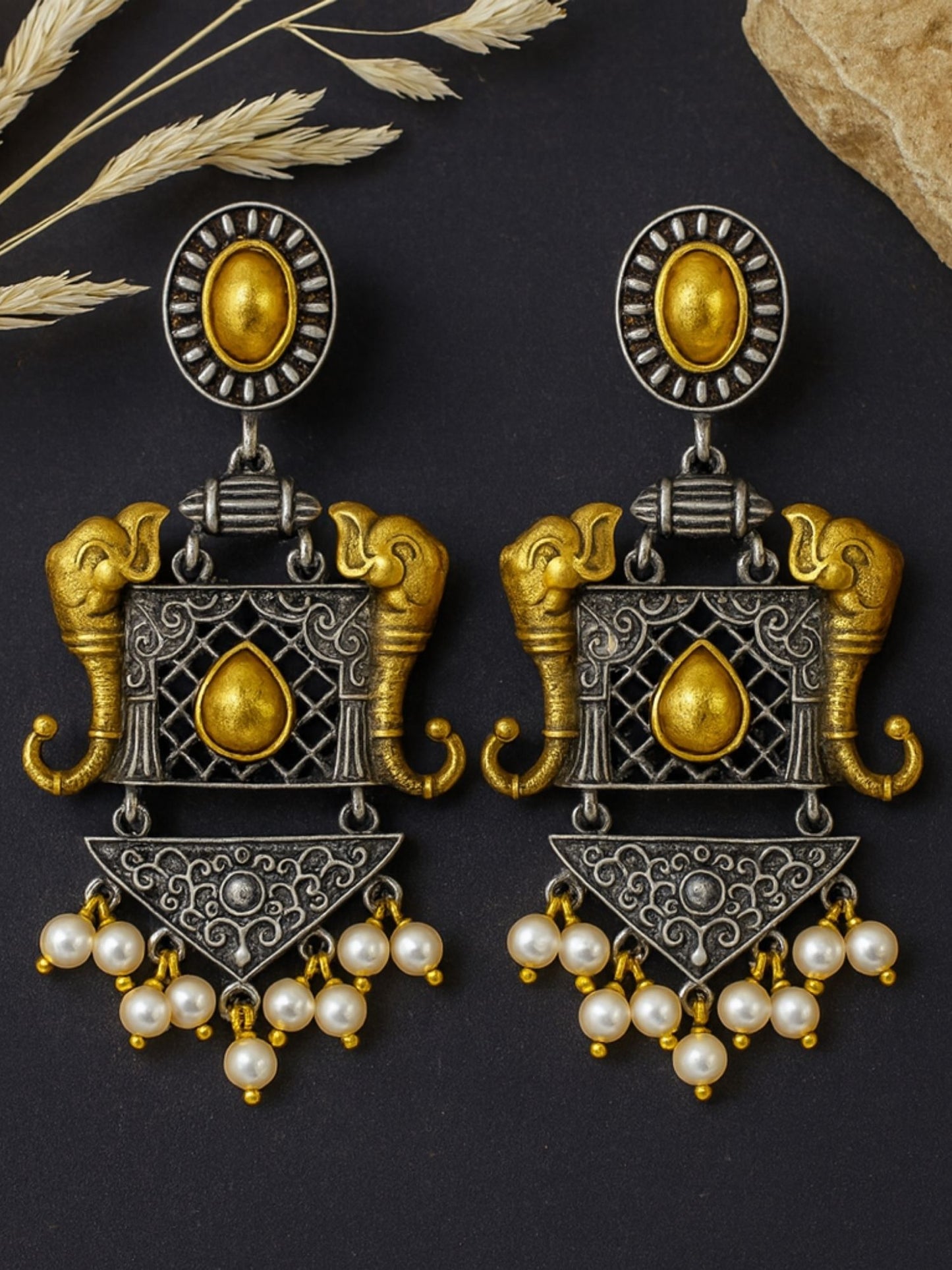 Drop Afghani Jhumka Earrings Elephant With Pearl Design