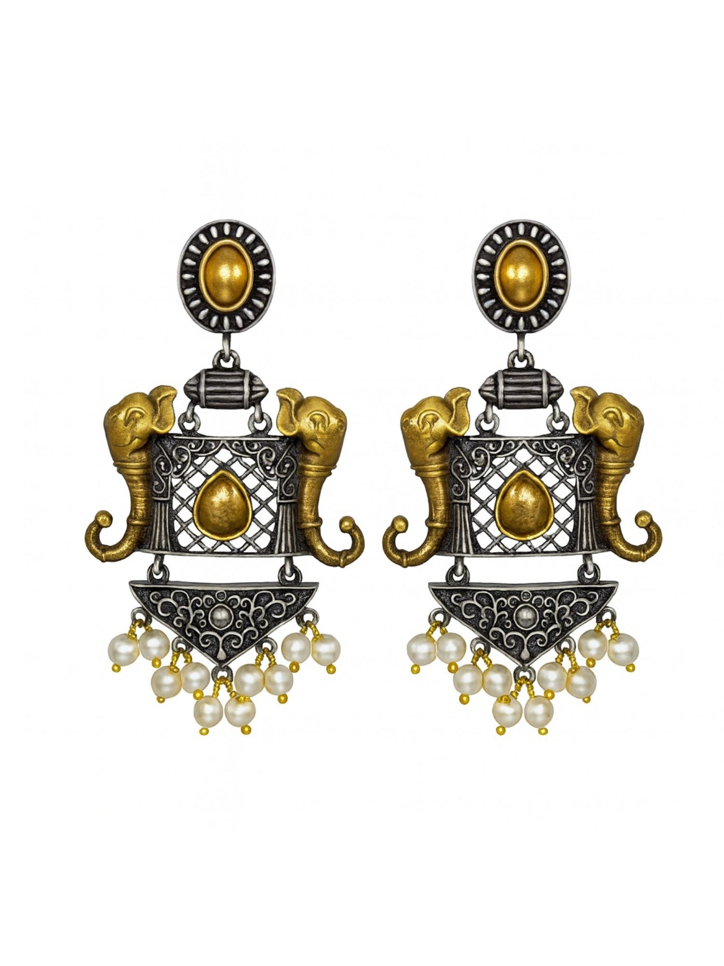 Drop Afghani Jhumka Earrings Elephant With Pearl Design