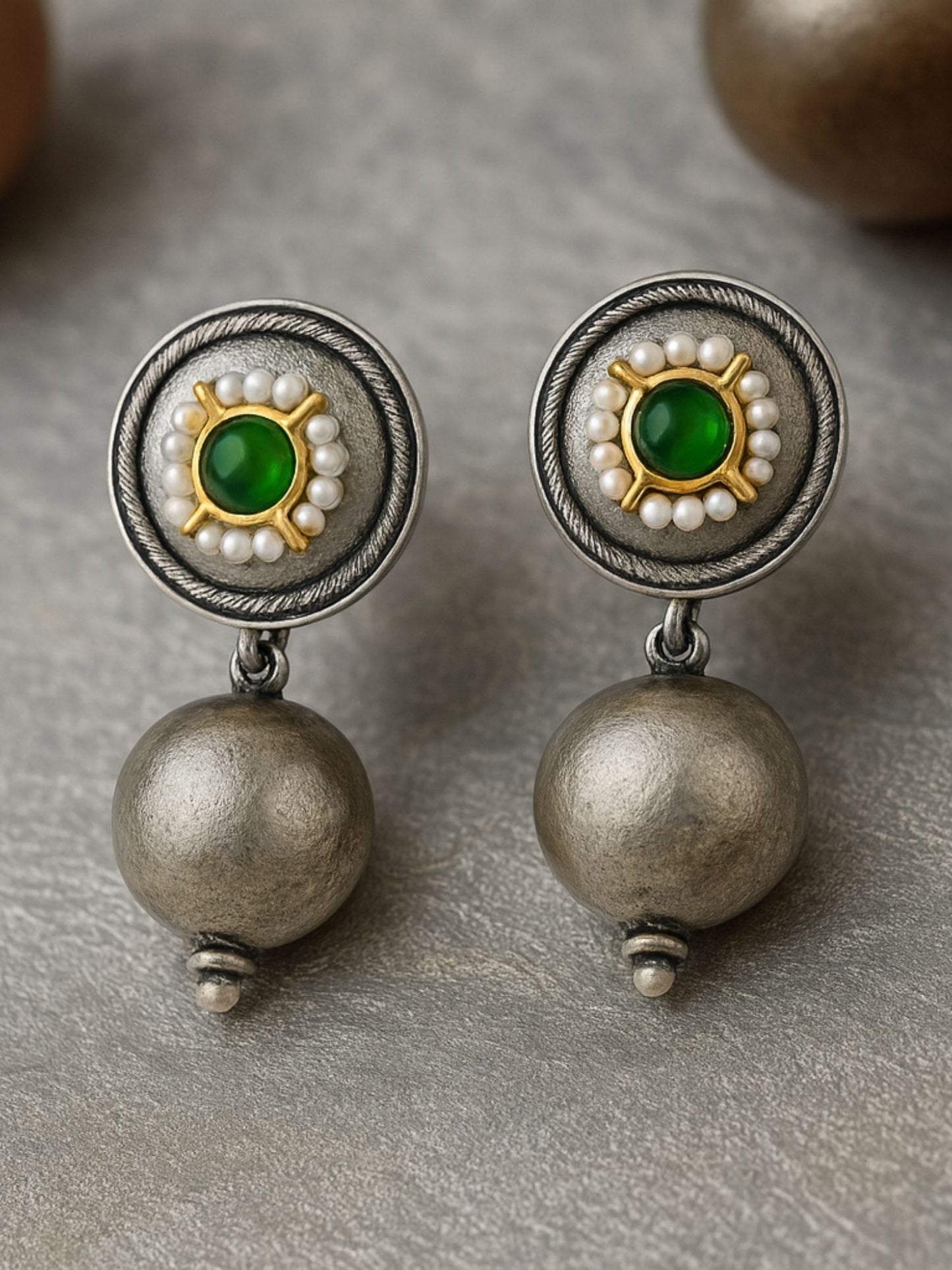 Drop Afghani Jhumka Earrings Ball/Green Stone Designs With Pearl