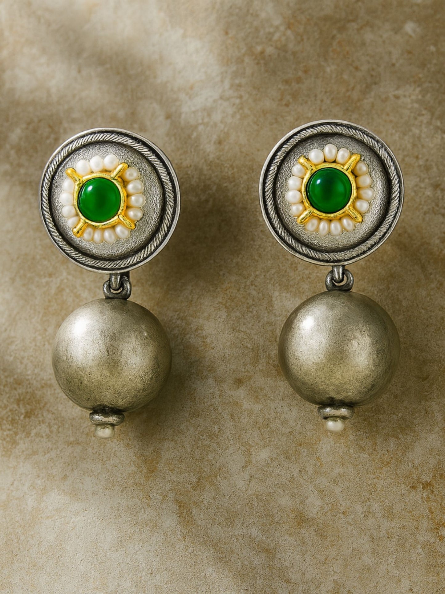 Drop Afghani Jhumka Earrings Ball/Green Stone Designs With Pearl