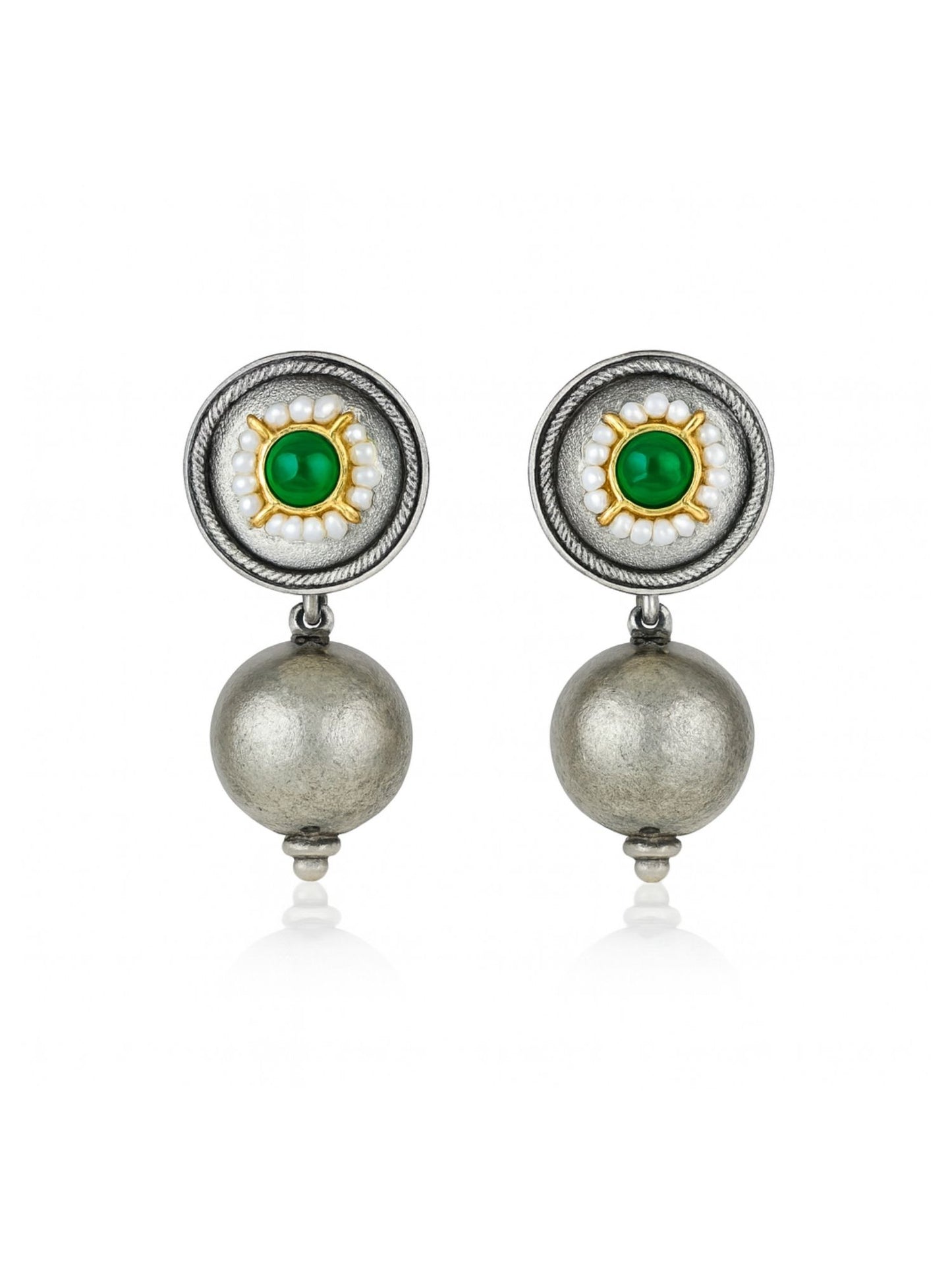 Drop Afghani Jhumka Earrings Ball/Green Stone Designs With Pearl