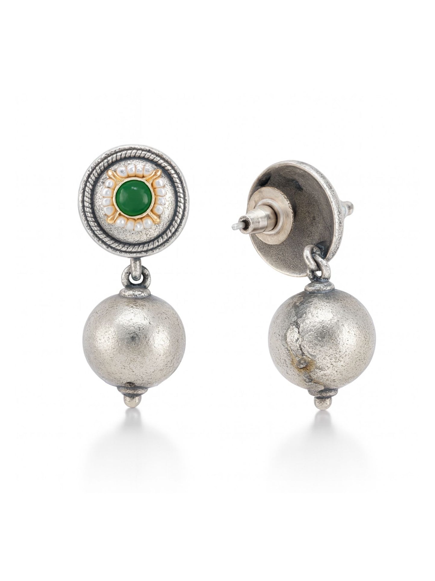 Drop Afghani Jhumka Earrings Ball/Green Stone Designs With Pearl