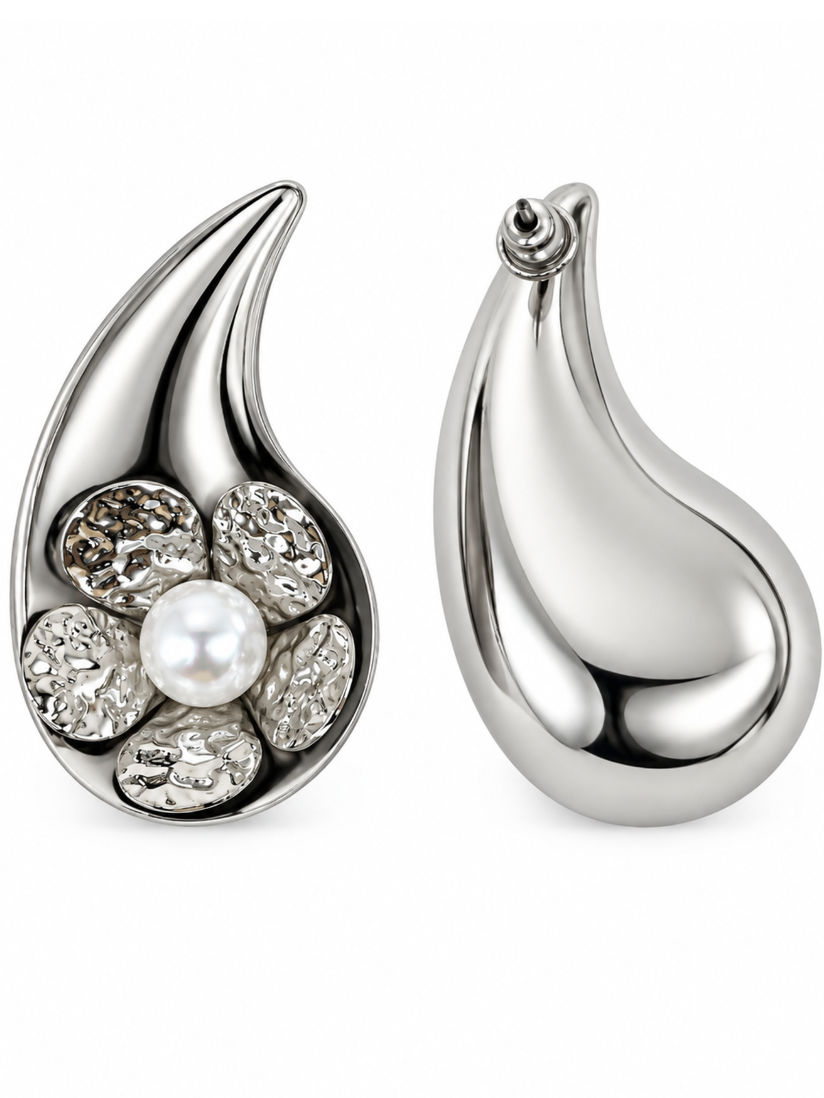 Silver Pearl Drop Stud Earrings for Navratri Garba