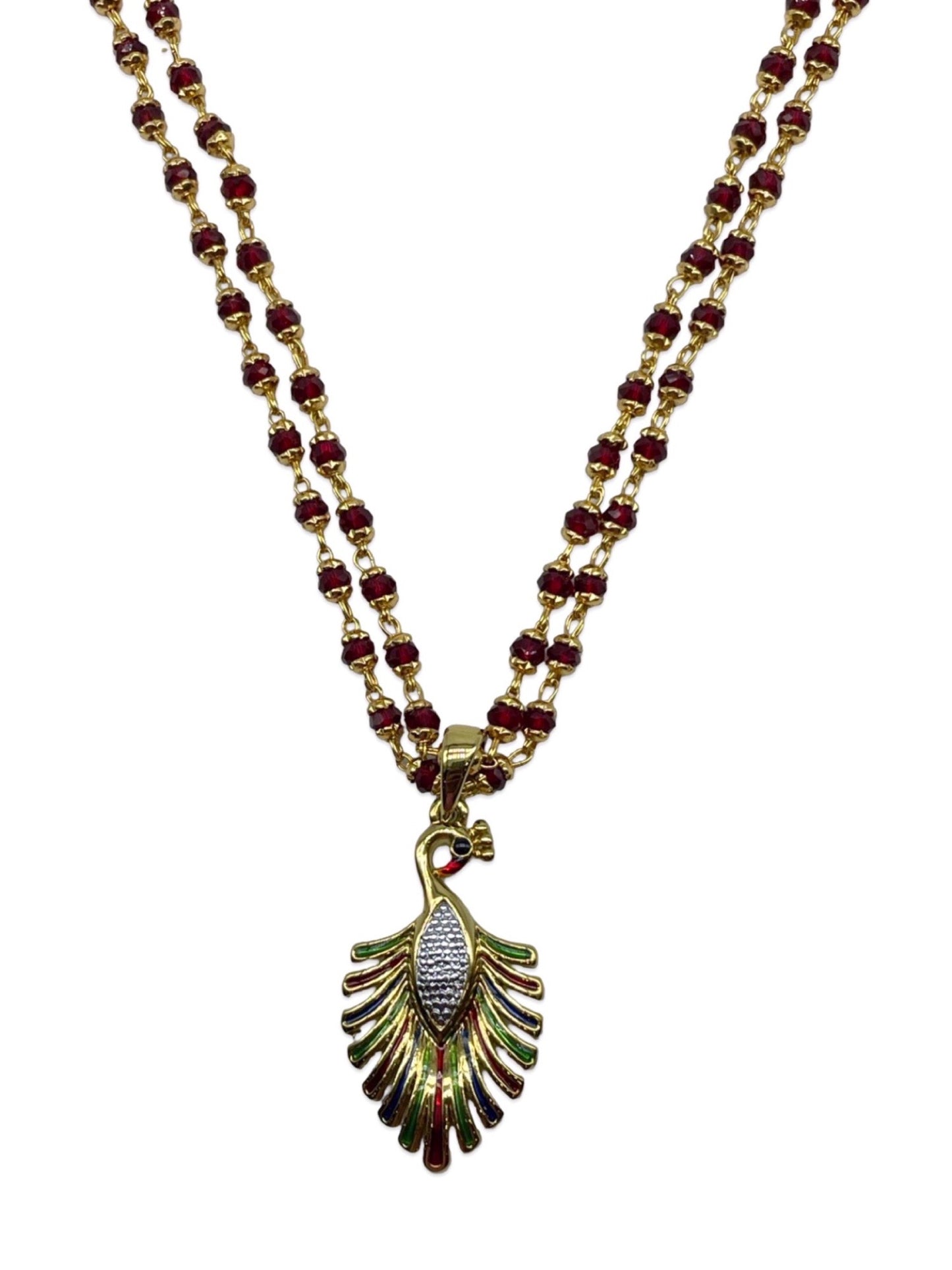Peacock 2 Line Red Beads Long Necklace design