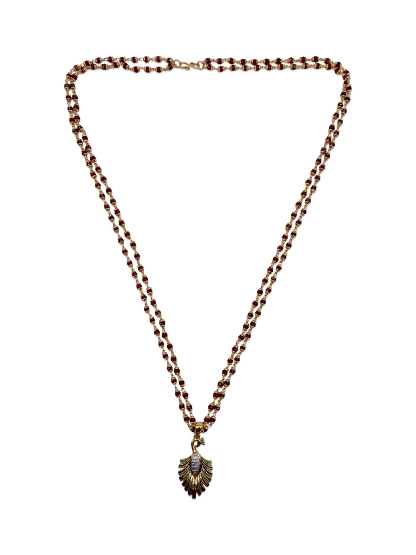 Peacock 2 Line Red Beads Long Necklace design