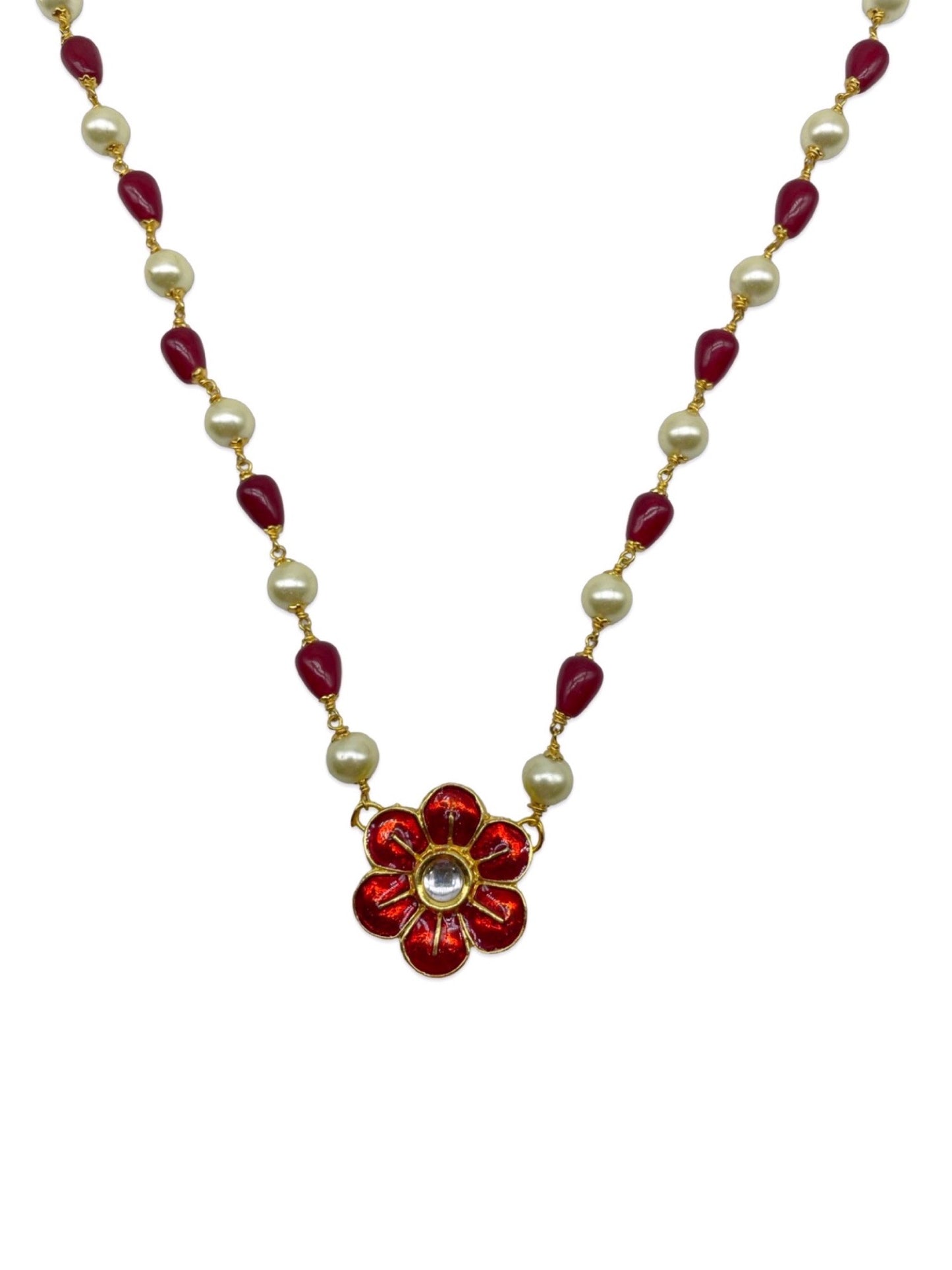 Kundan Flower Pearl & Red Beads Short Necklace esign