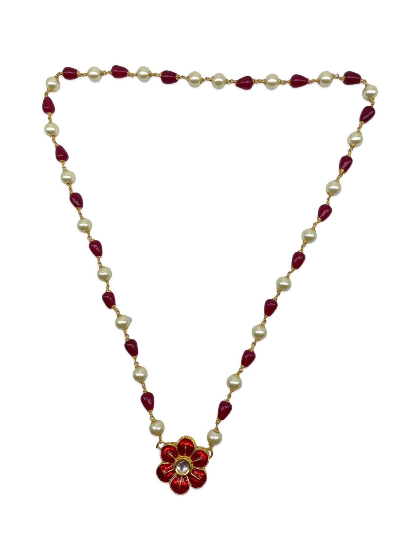 Kundan Flower Pearl & Red Beads Short Necklace esign