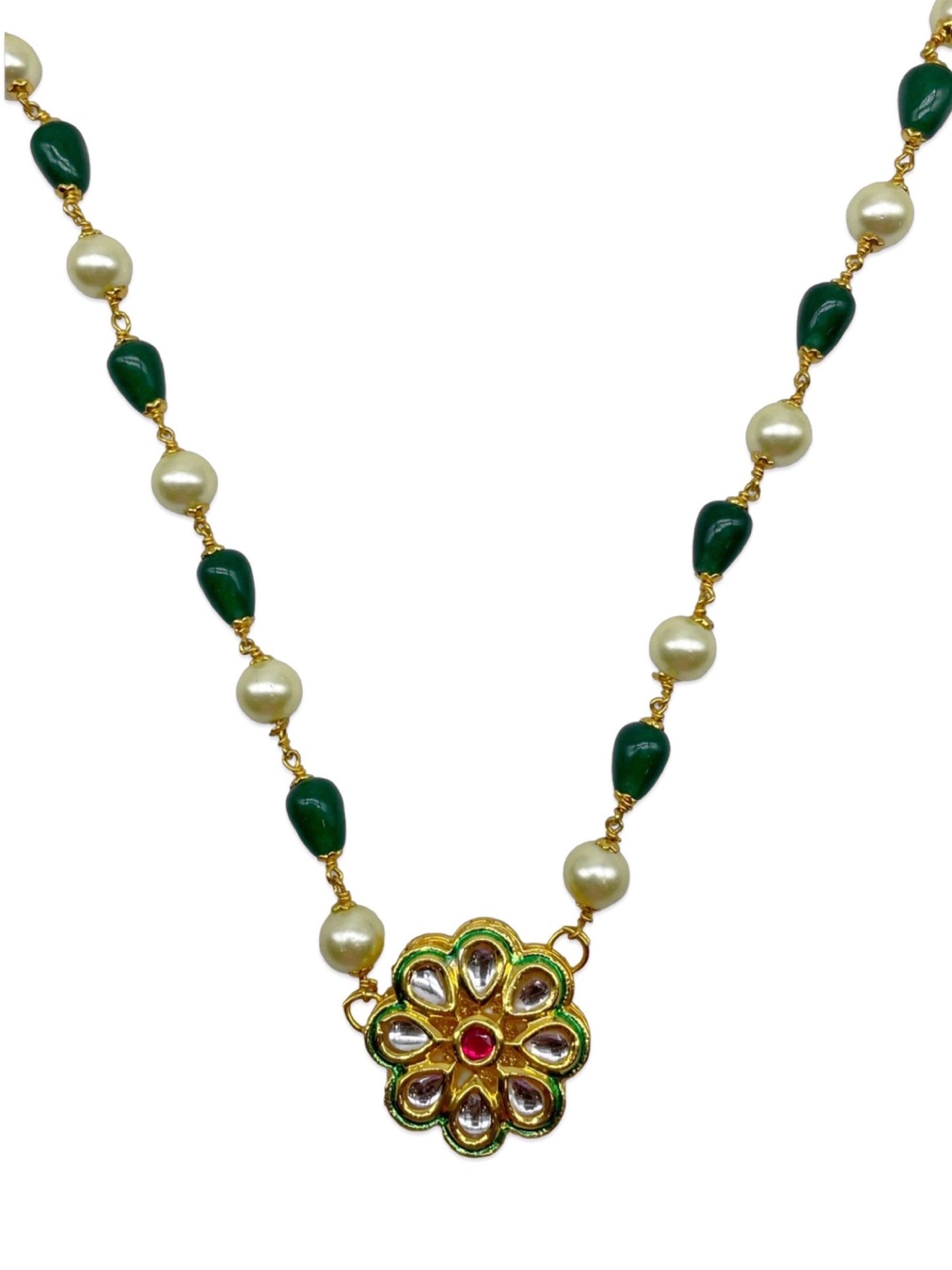 Kundan Flower Pearl & Green Beads Short Necklace design