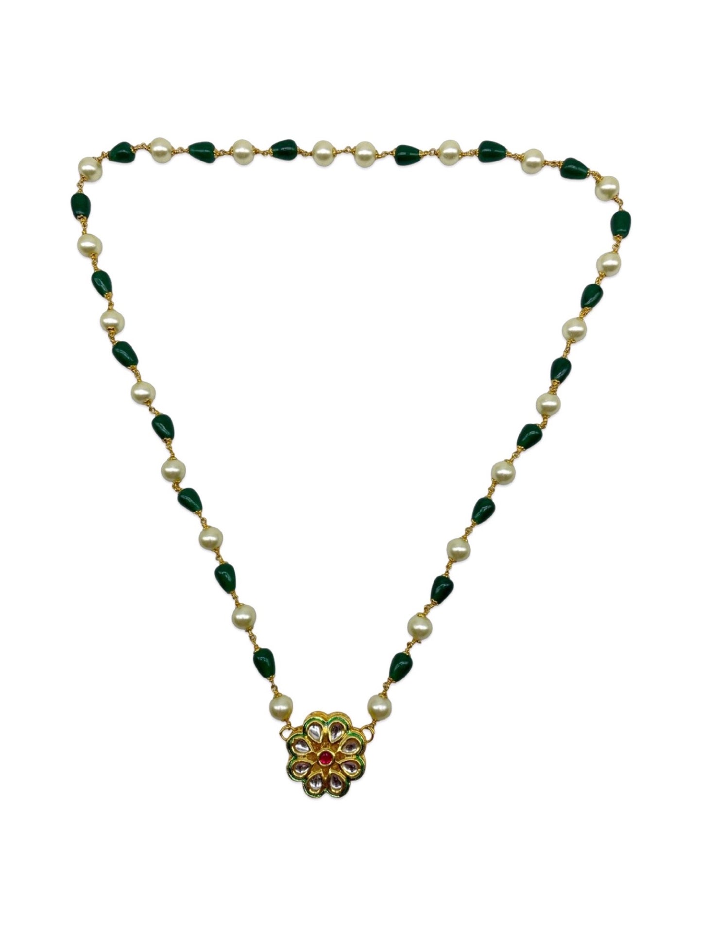 Kundan Flower Pearl & Green Beads Short Necklace design