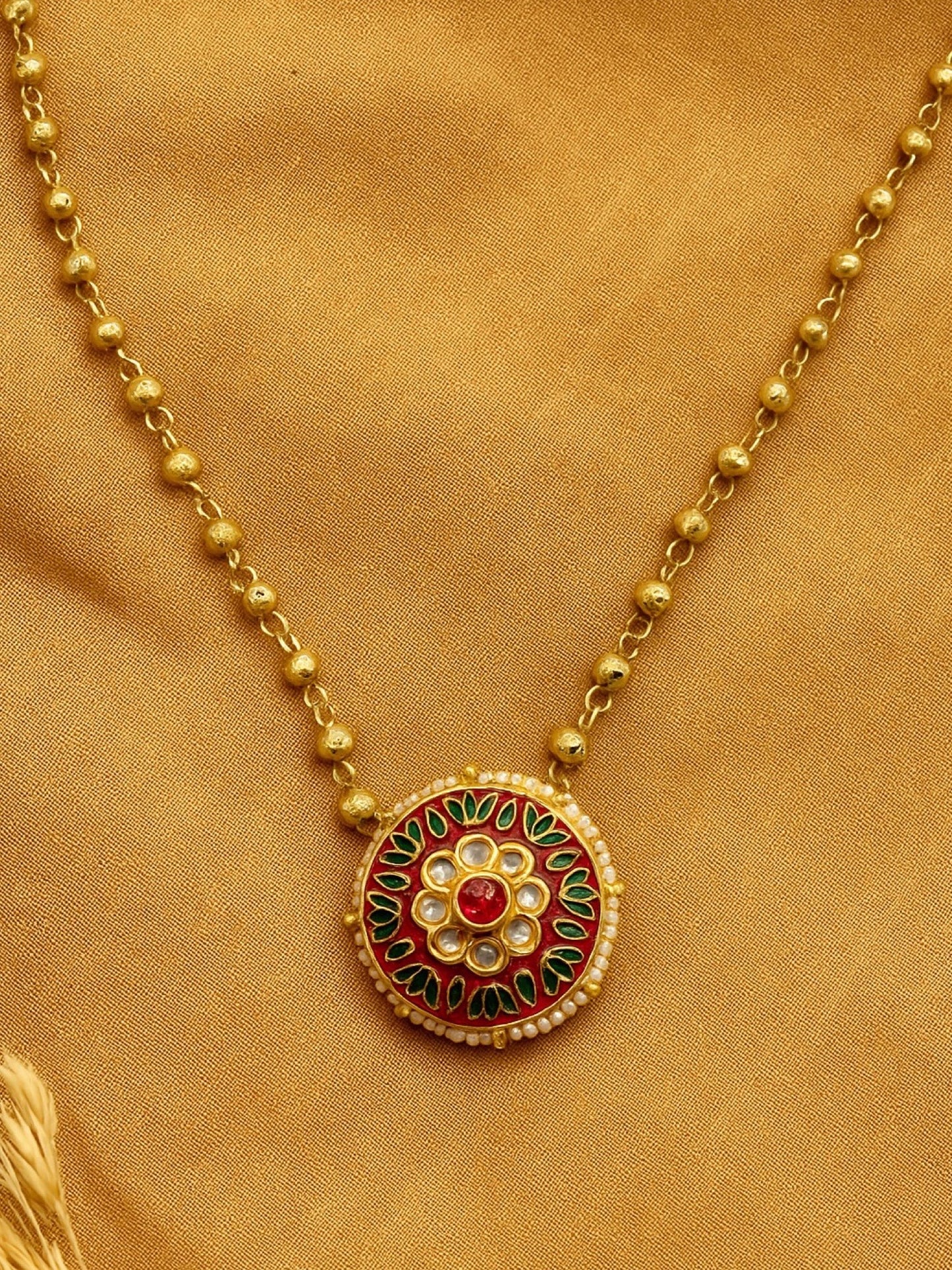 Round Kundan Pearl Gold Beads Design Long Necklace
