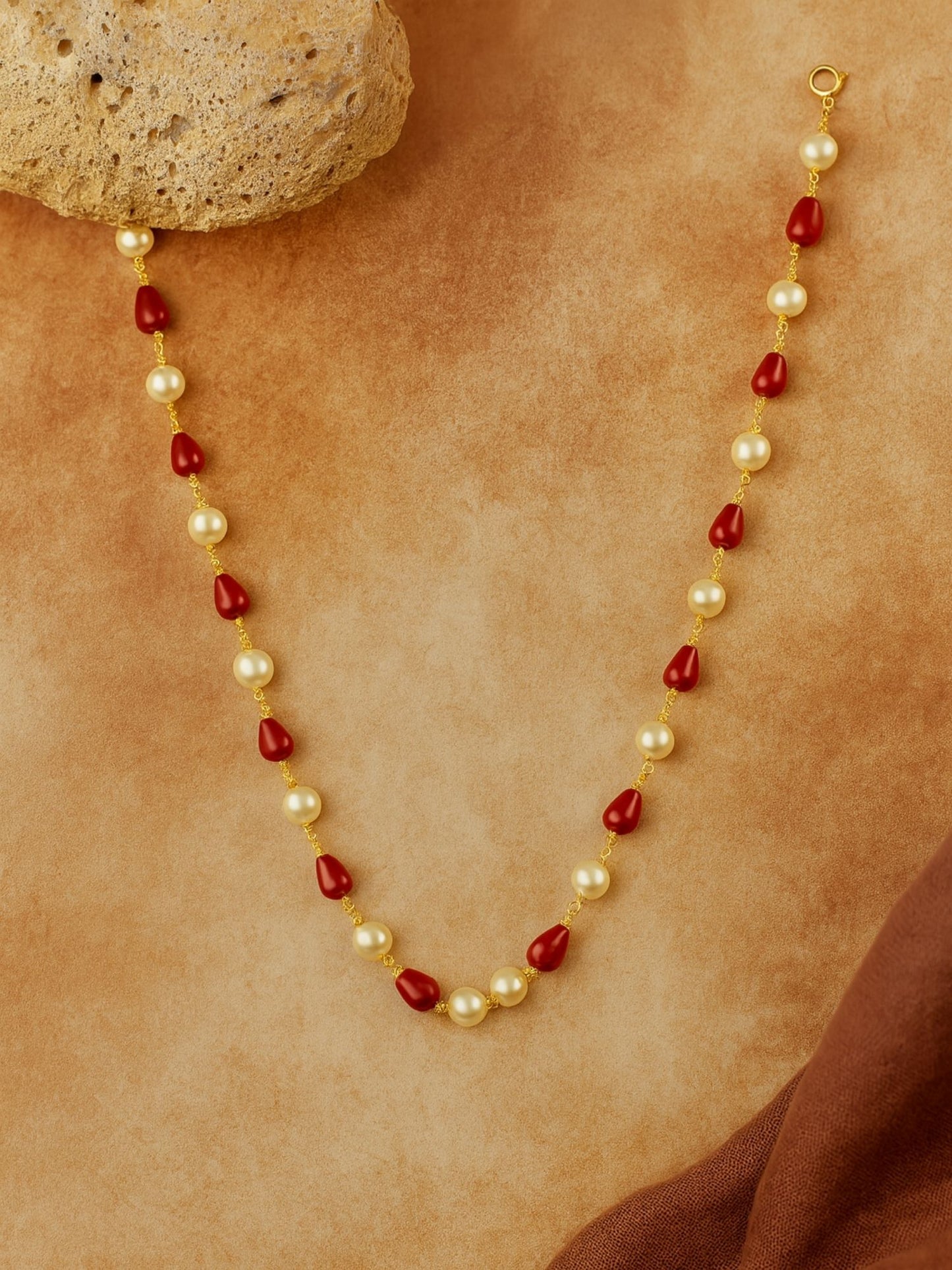 Red & Pearl Beads Simple Mala/Chain Necklace