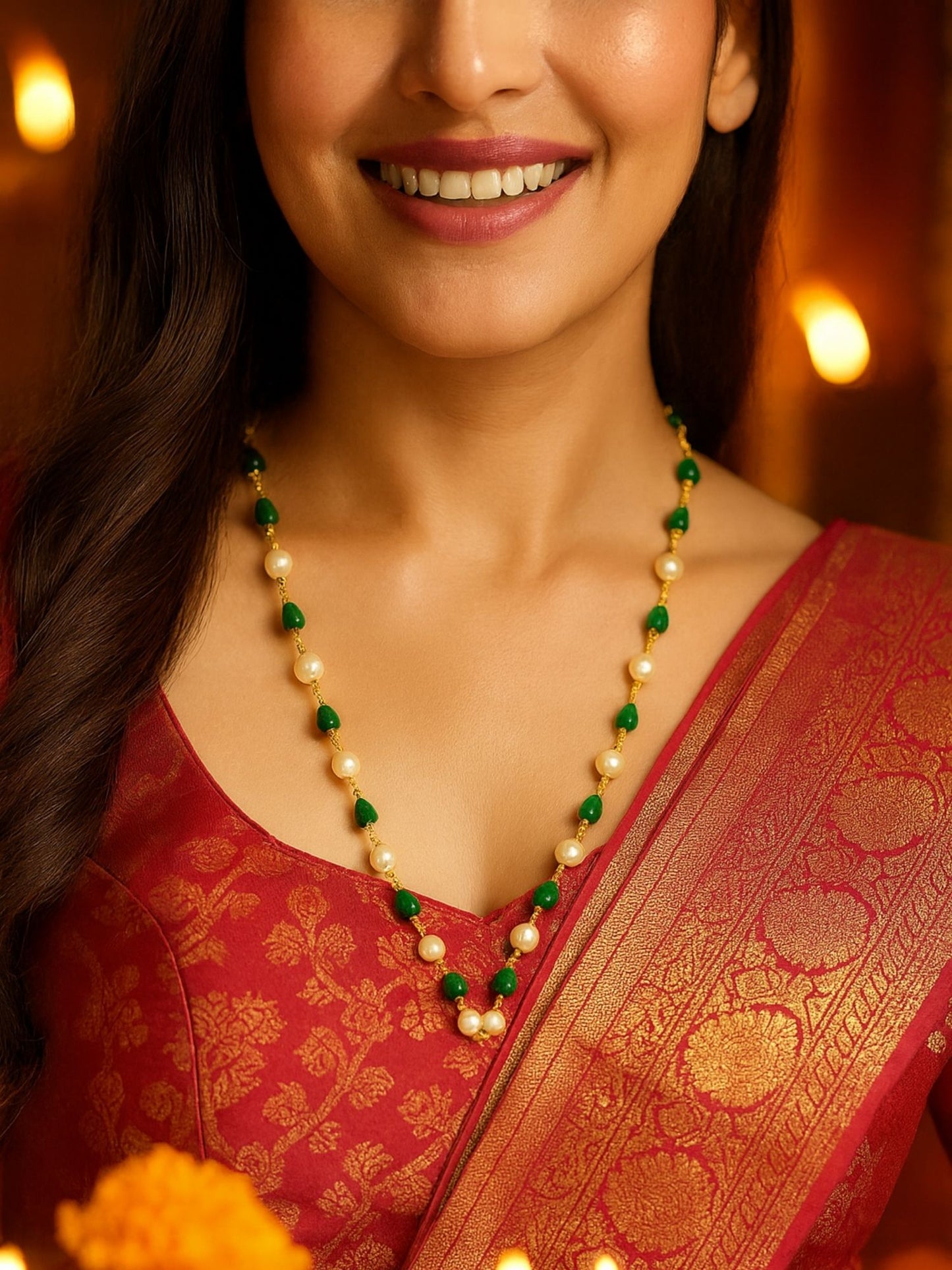 Green & Pearl Beads Simple Mala/Chain Necklace
