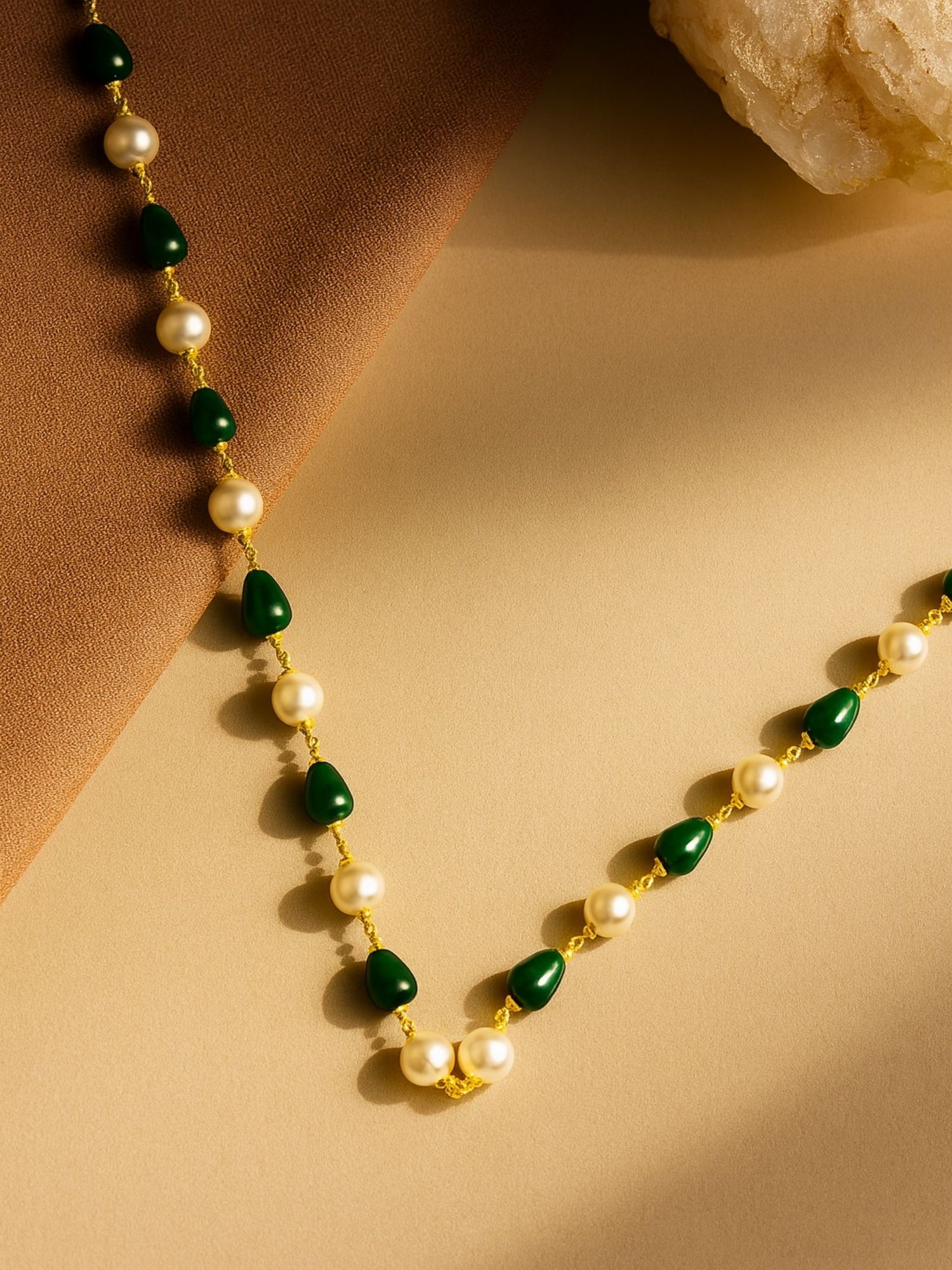 Green & Pearl Beads Simple Mala/Chain Necklace